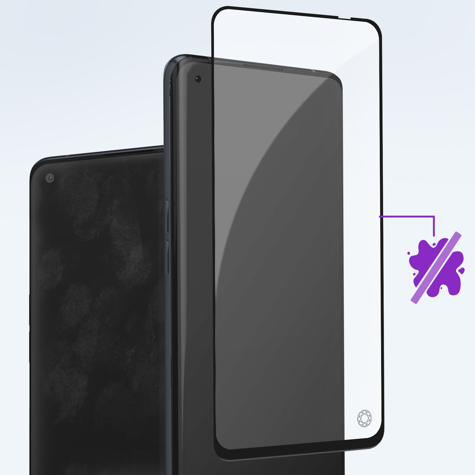 Deux téléphones noirs, un avec et un sans protecteur d'écran. Un symbole violet montre qu'il n'y a pas de taches.