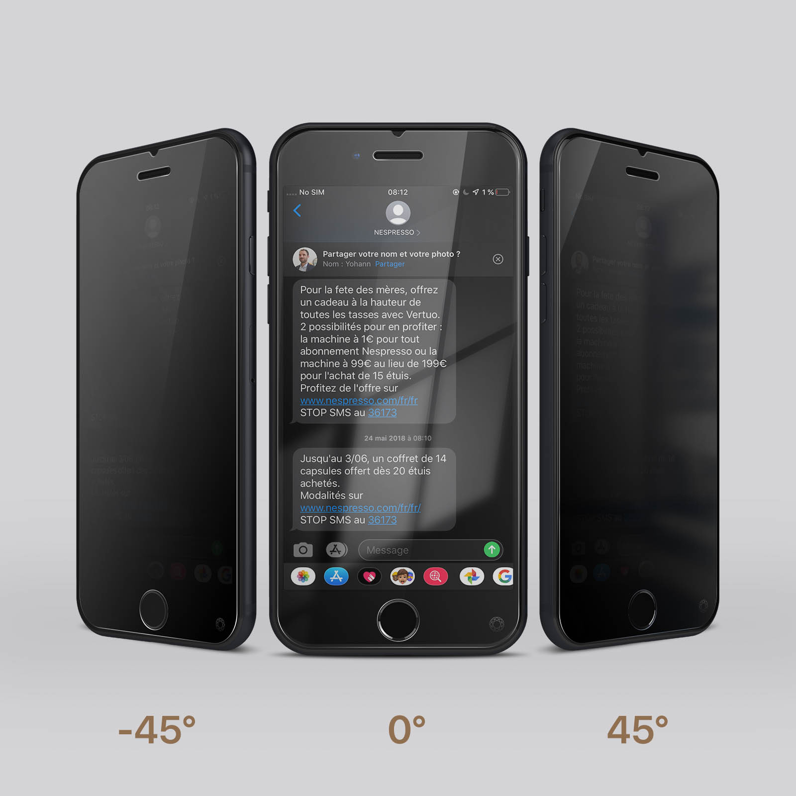 Trois téléphones, montrant un SMS, avec différents angles et écran noir.