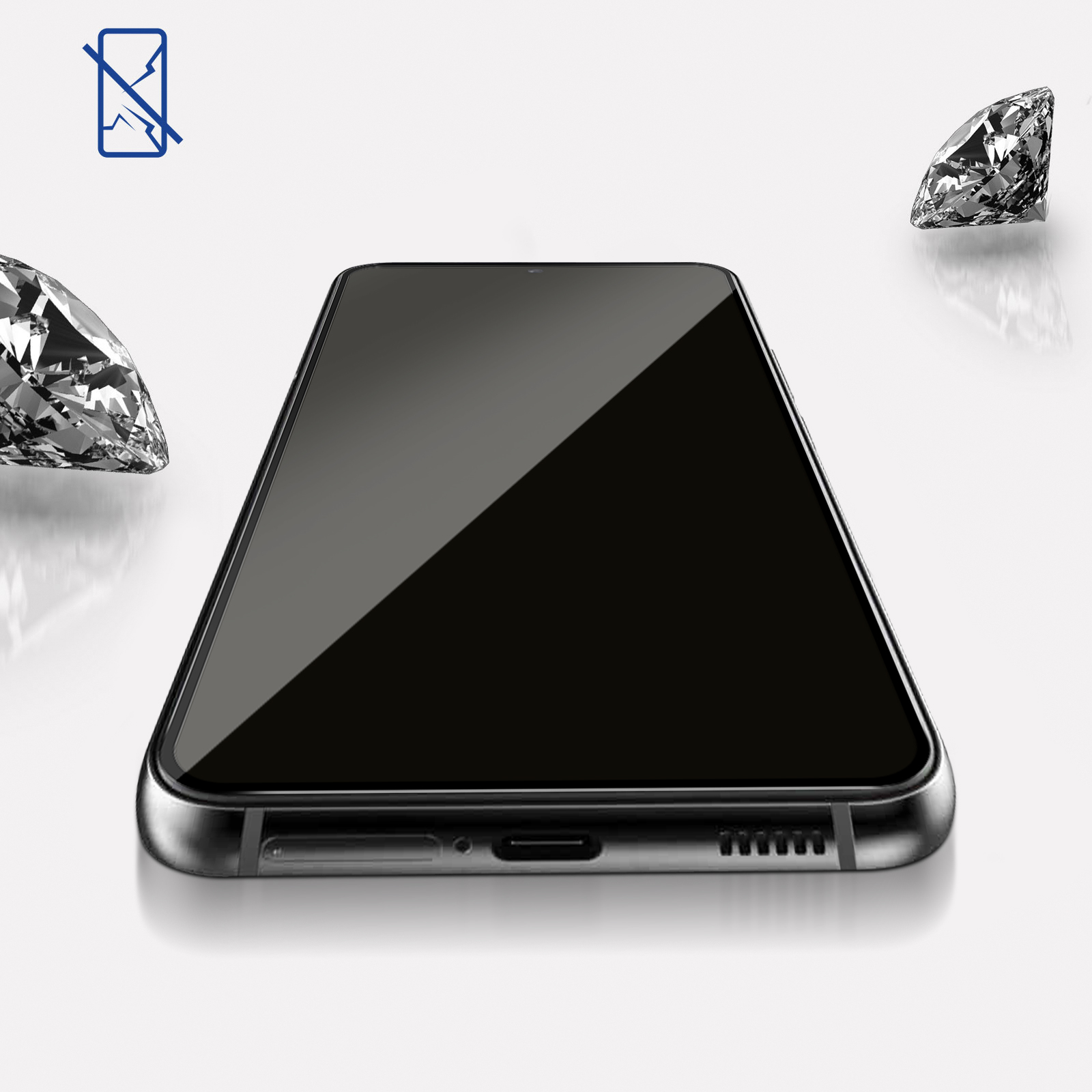 Telefon z czarnym ekranem i niebieską ramką. Obecne są diamenty i ikona uszkodzonego telefonu.