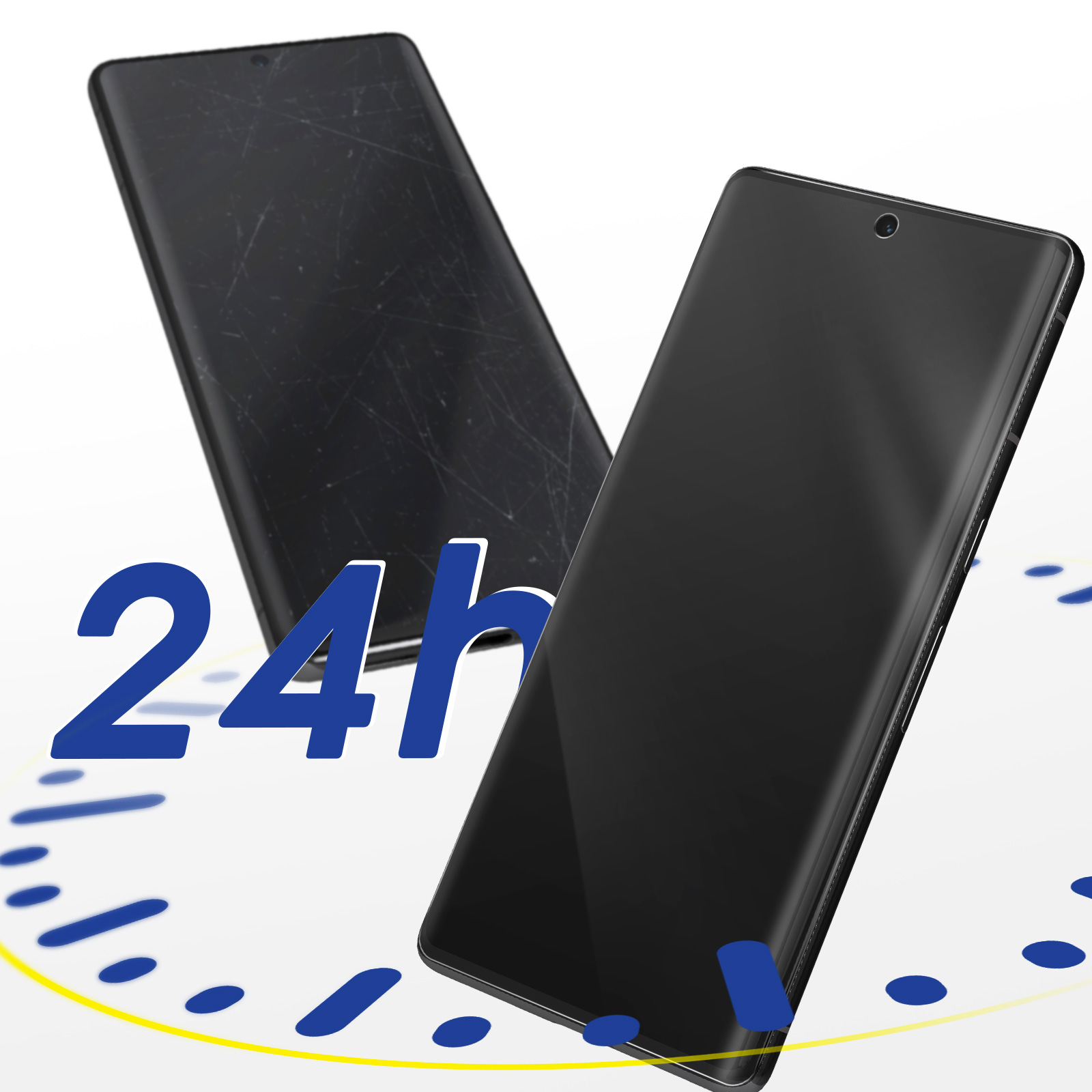 Due smartphone, uno rotto, l'altro intatto. Testo blu '24h' e grafica orologio su sfondo bianco.