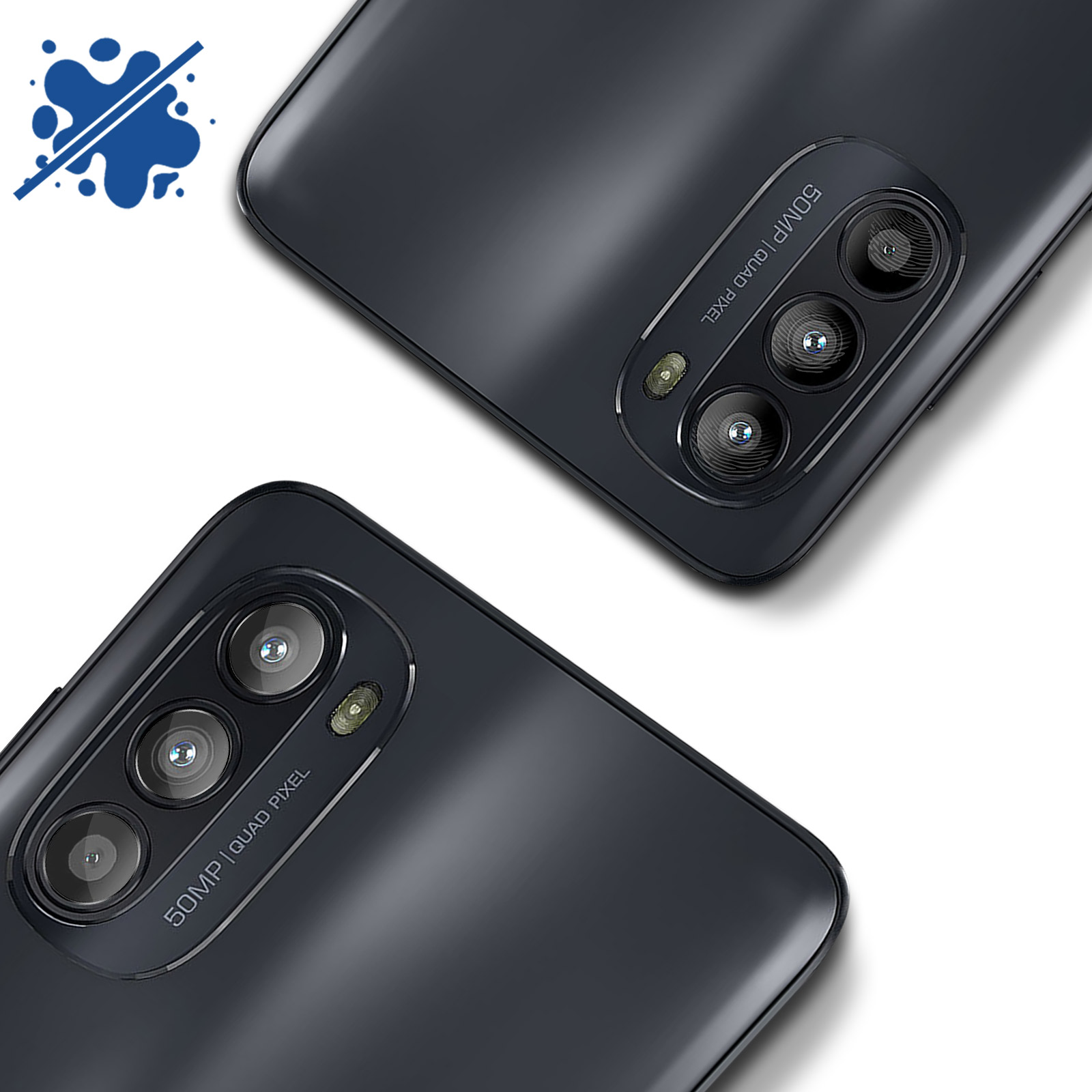 Sono mostrati due moduli fotocamera per telefono. Ognuno ha tre obiettivi e il testo '50MP | QUAD PIXEL'. Uno a fuoco.