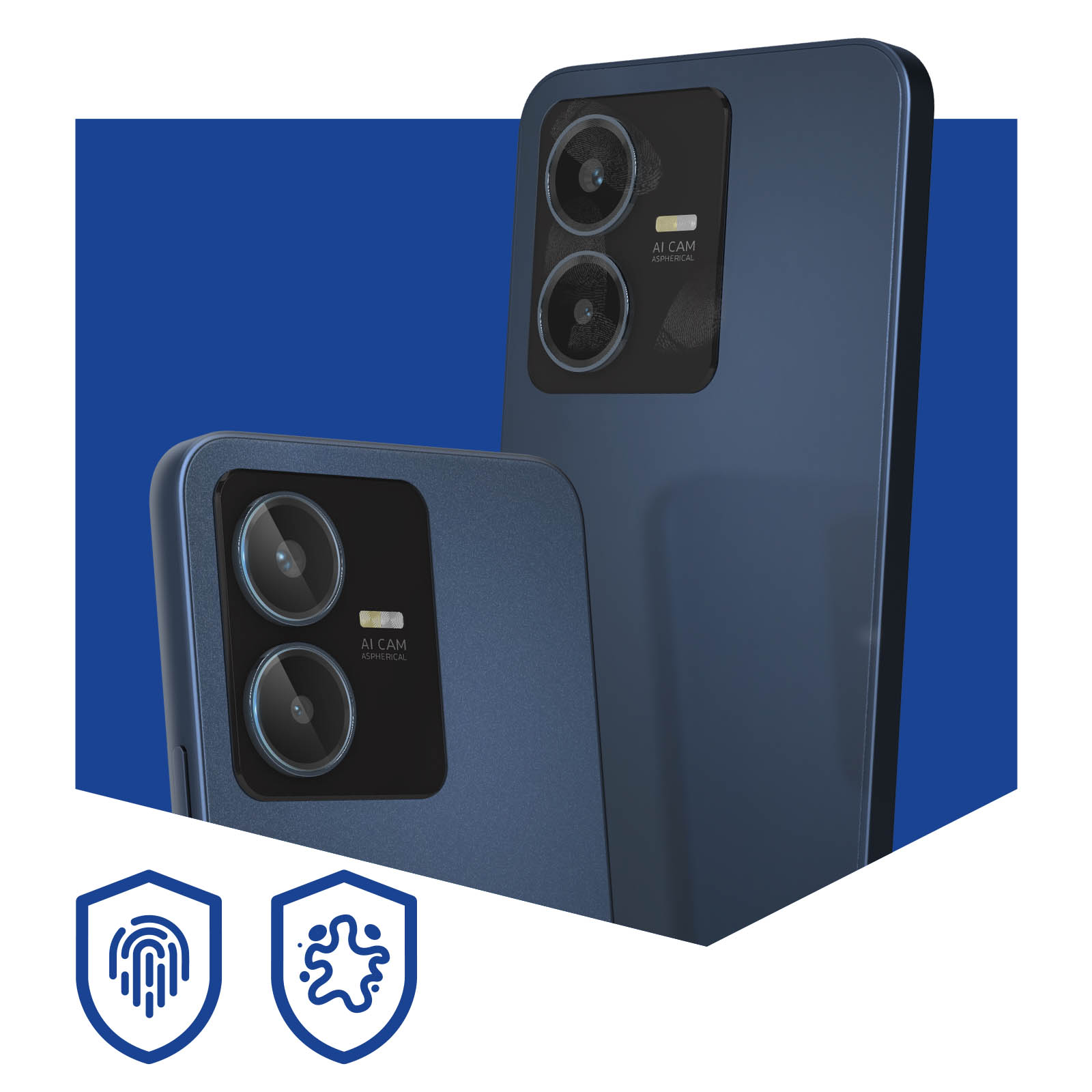 Due smartphone blu con moduli fotocamera prominenti su sfondo blu, con icone sotto.