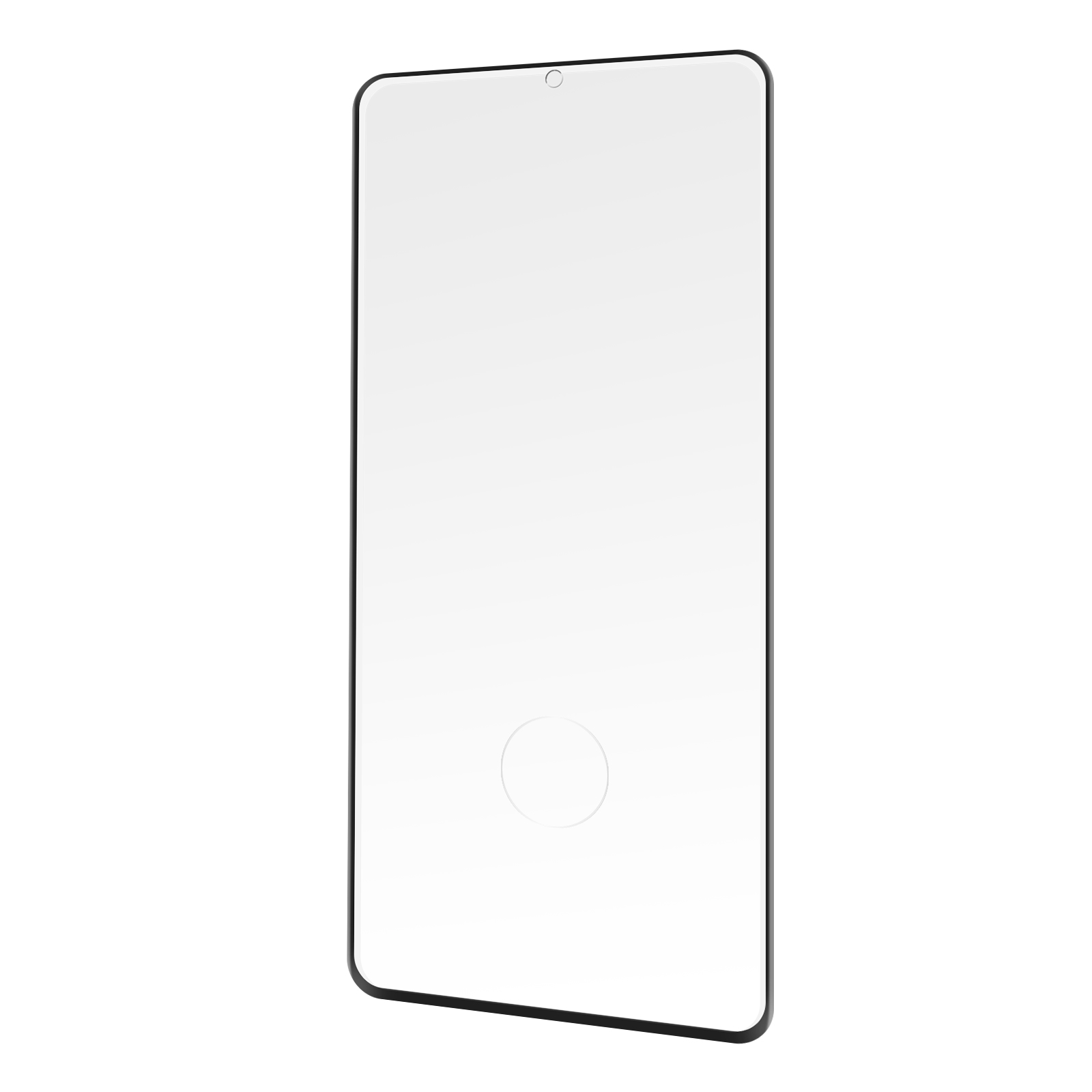 Przezroczysta folia ochronna na ekran z czarną ramką i małym otworem na aparat przedni.