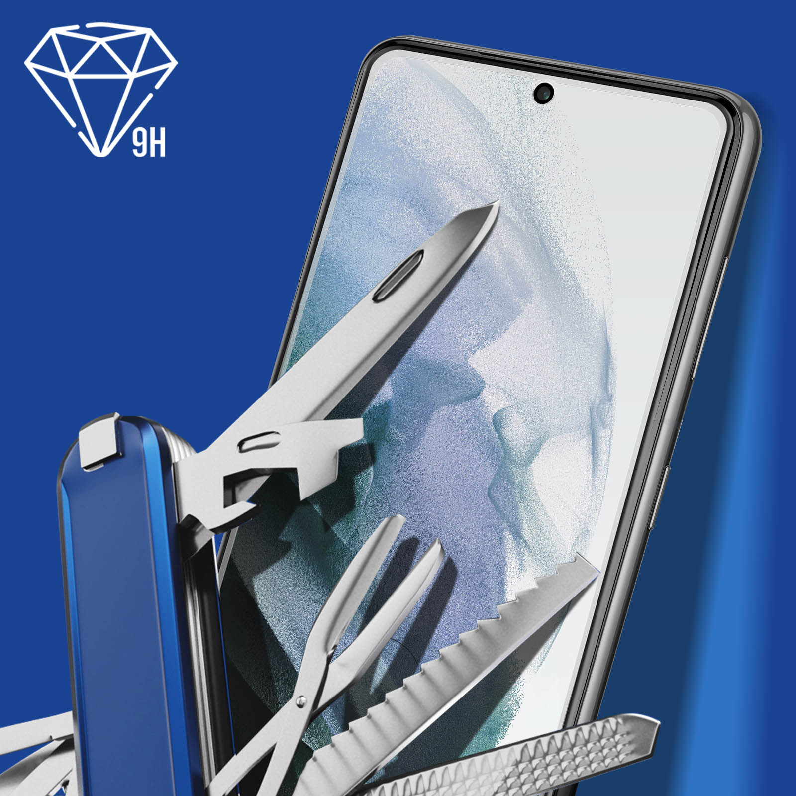 Multitool nad telefonem. Telefon ma folię ochronną i ikonę diamentu z napisem '9H'.