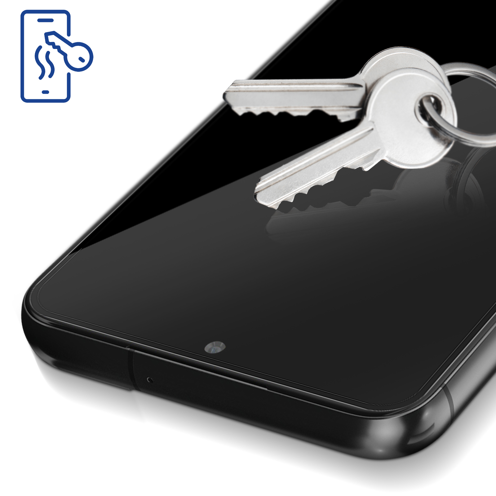 Klucze leżące na ekranie telefonu z osłoną. W tle ikona klucza.