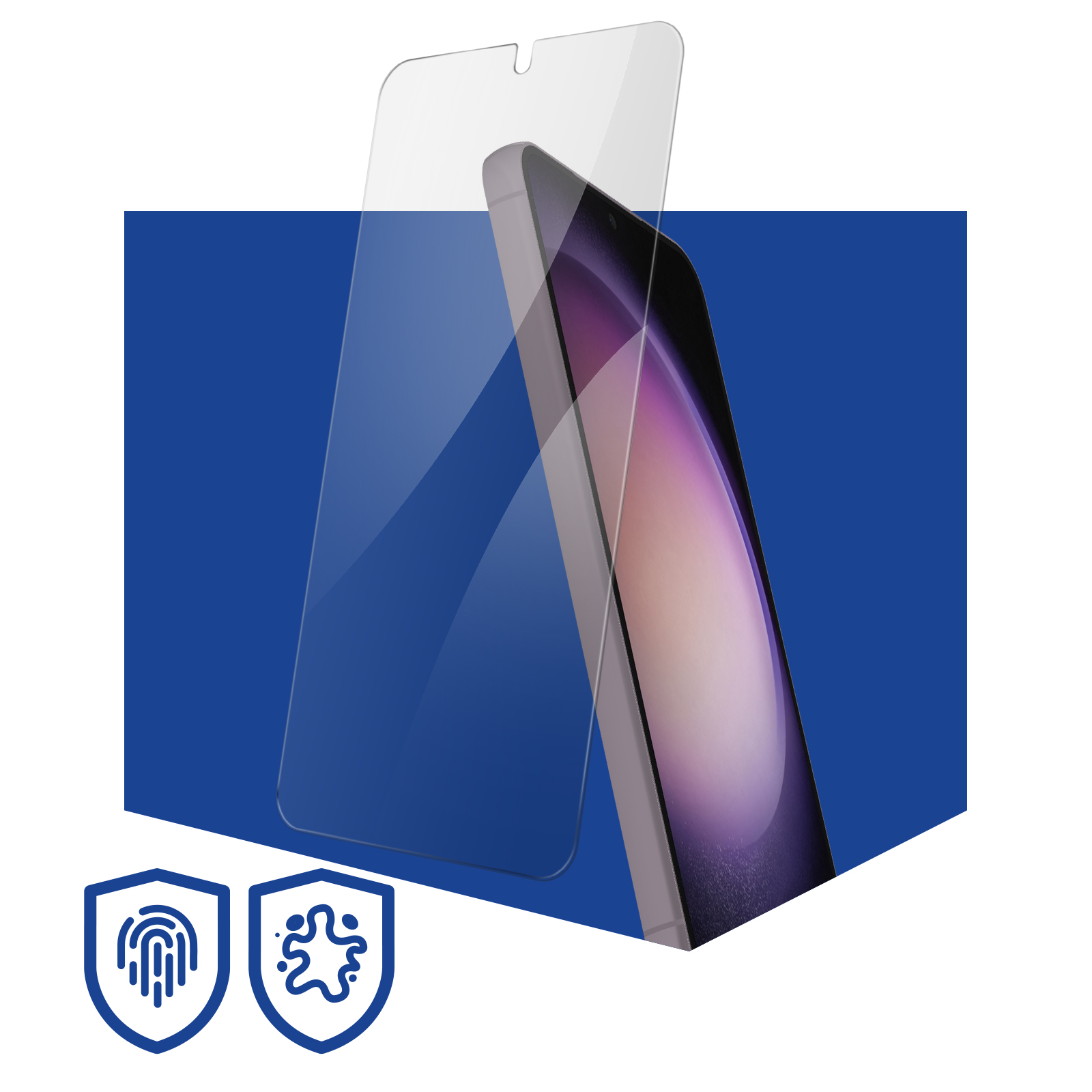 Telefon i osłona ekranu. Ikony odcisku palca i rozprysku w lewym dolnym rogu.