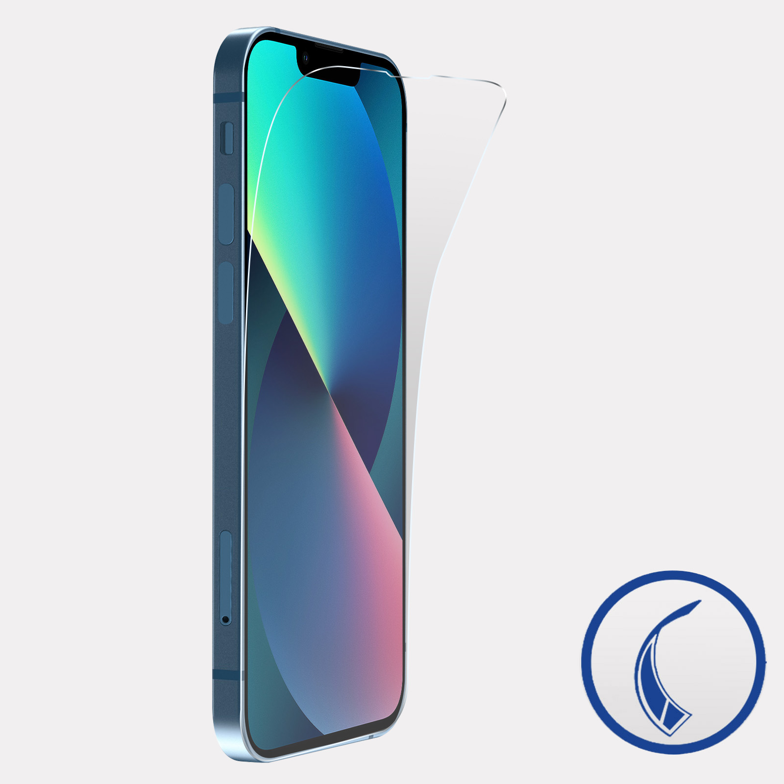 Telefon z nałożonym ochraniaczem ekranu. Telefon jest niebieski. Przezroczysty ochraniacz ekranu odkleja się.