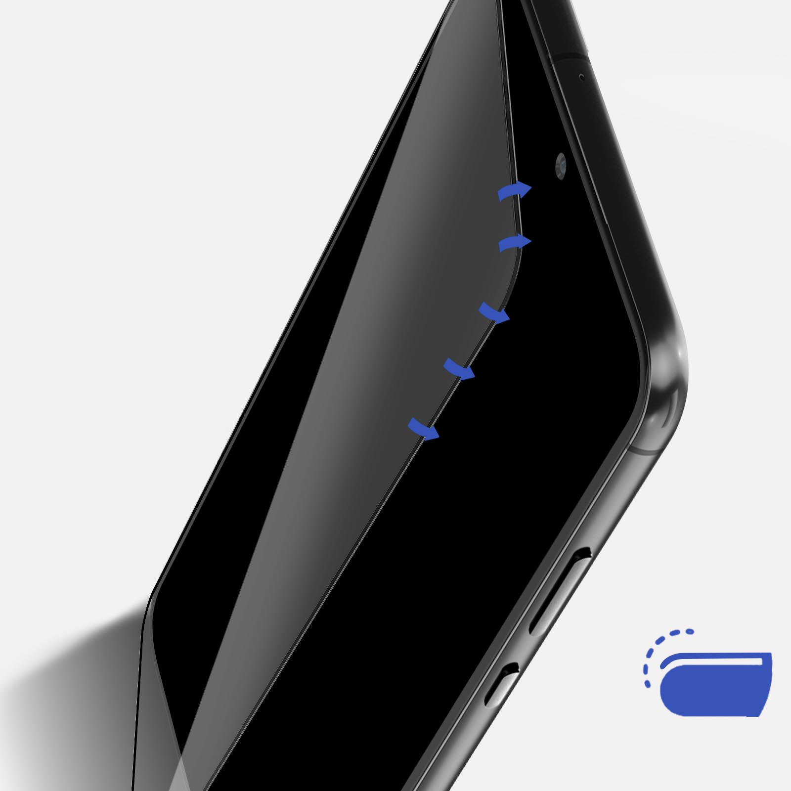 Smartphone nero con frecce blu che indicano la curva dello schermo. Sfondo bianco. Un'icona blu è a destra.