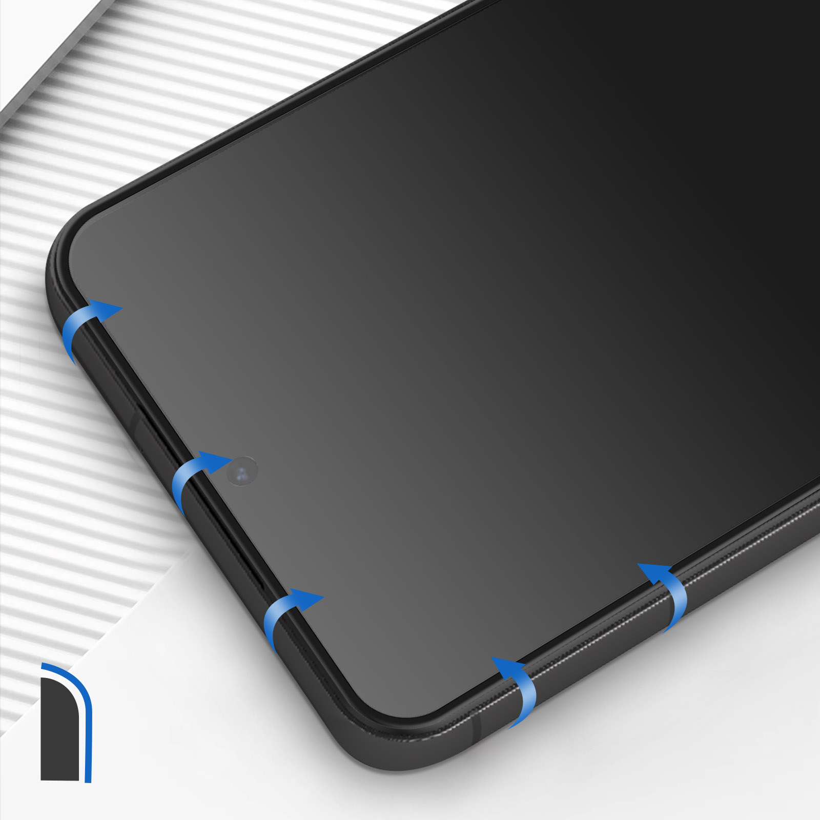Uno schermo del telefono con un bordo nero. Le frecce puntano ai bordi. Lo schermo è nero.