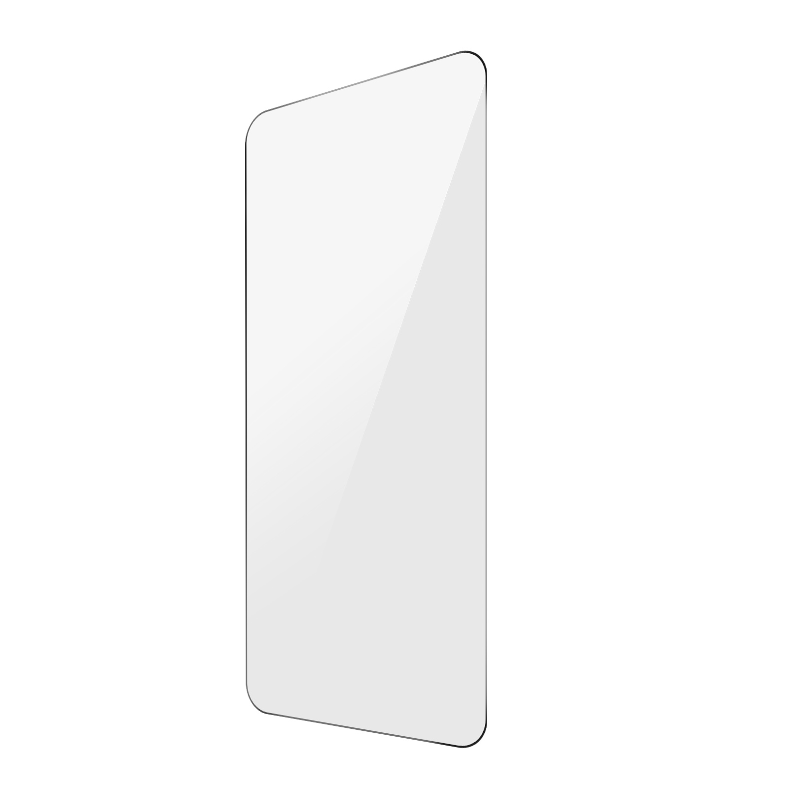 Przezroczysta ochrona ekranu na białym tle. Lekko pochylona. Ma wycięcie u góry na aparat.