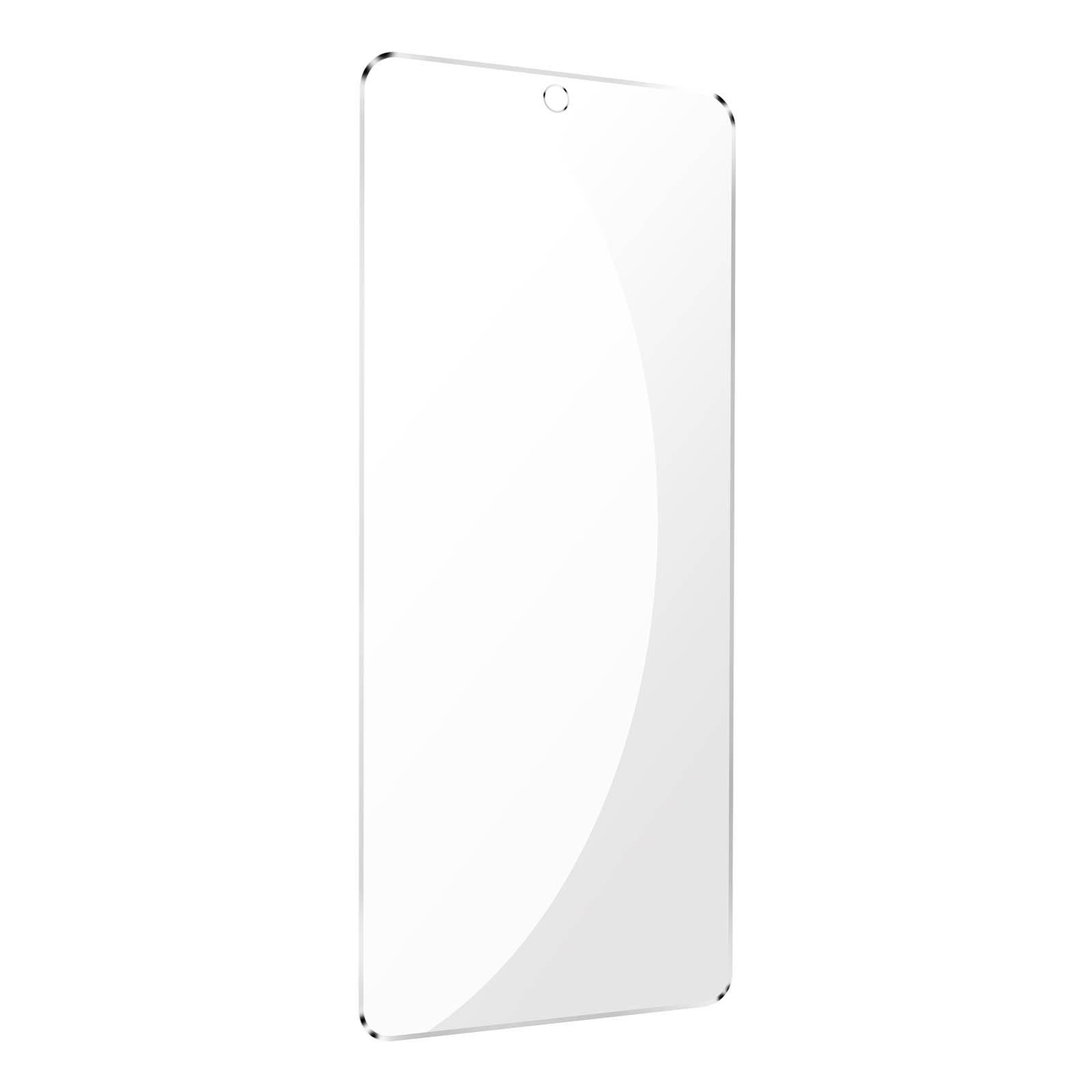 Un proteggi schermo trasparente e rettangolare per un telefono. Ha angoli arrotondati, un piccolo ritaglio per la fotocamera e una superficie riflettente.