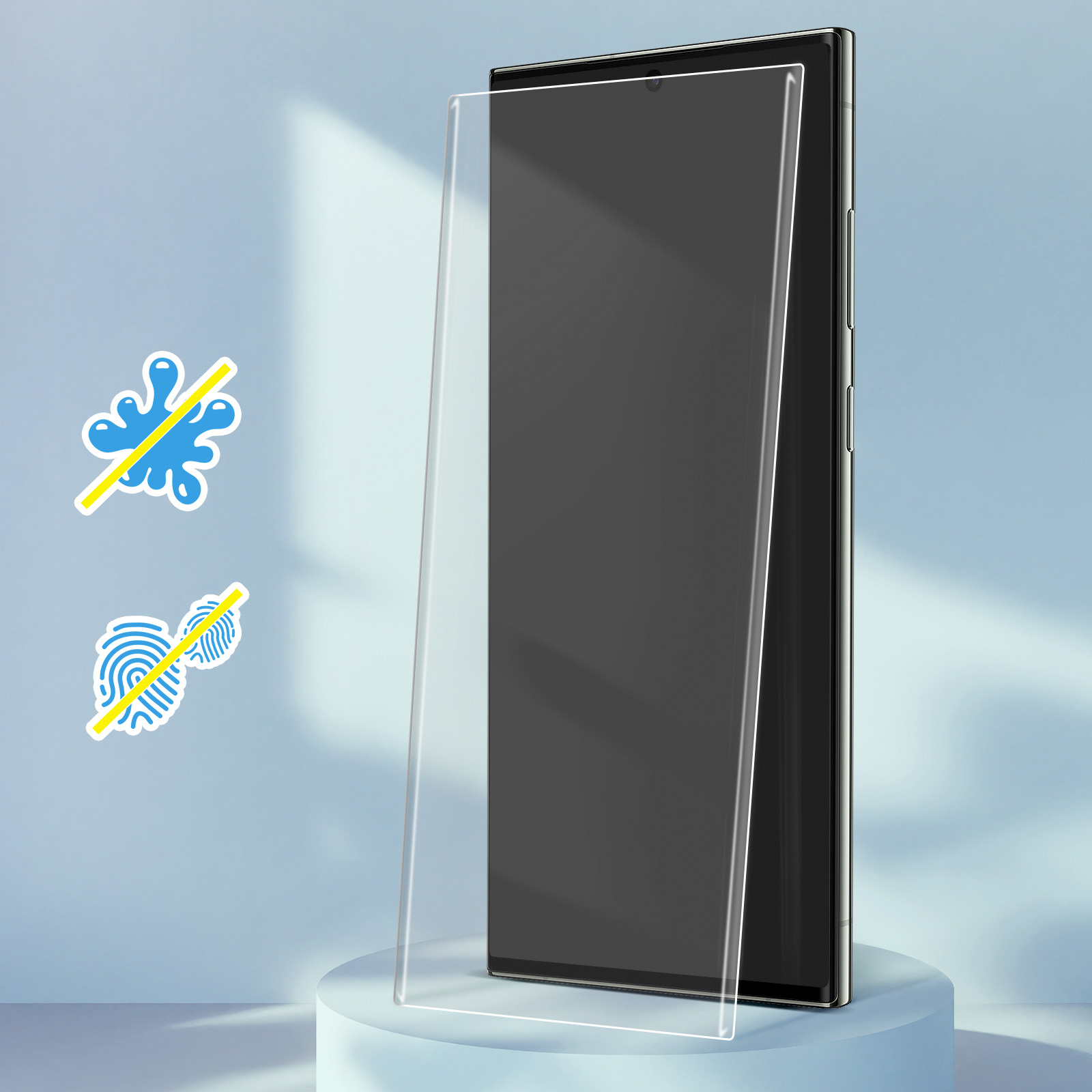 Un téléphone avec un protecteur d'écran, avec des icônes d'eau et d'empreintes digitales.
