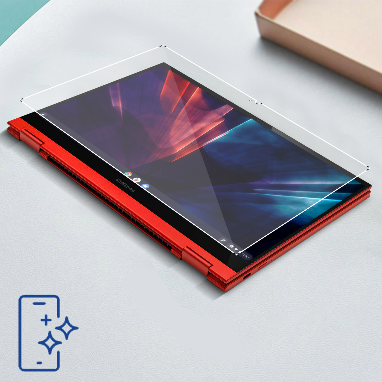 Roter Laptop mit Displayschutz, zeigt einen weißen Bildschirm, mit einem Symbol.