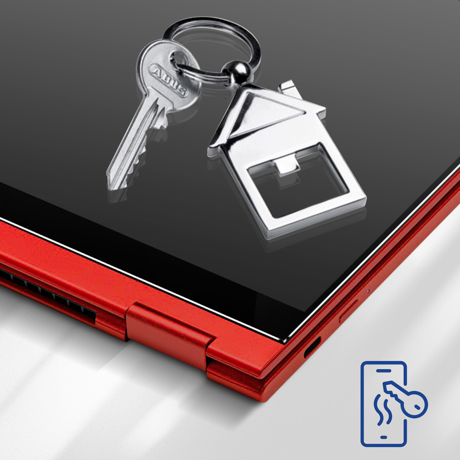 Roter Laptop mit Schlüssel und Haus-Schlüsselanhänger auf dem Bildschirm. Telefon-Entsperr-Symbol.