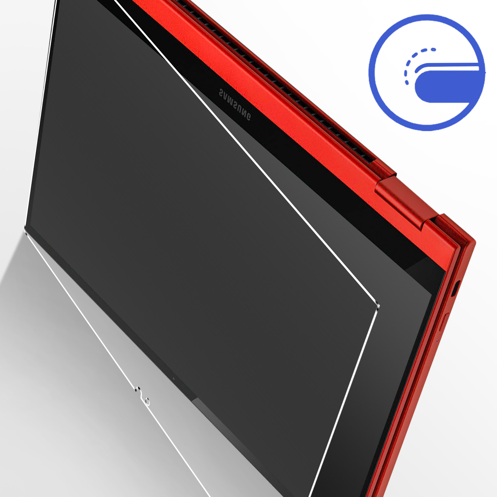 Roter Laptop mit schwarzem Displayschutz. Der Schutz hat weiße Linien.