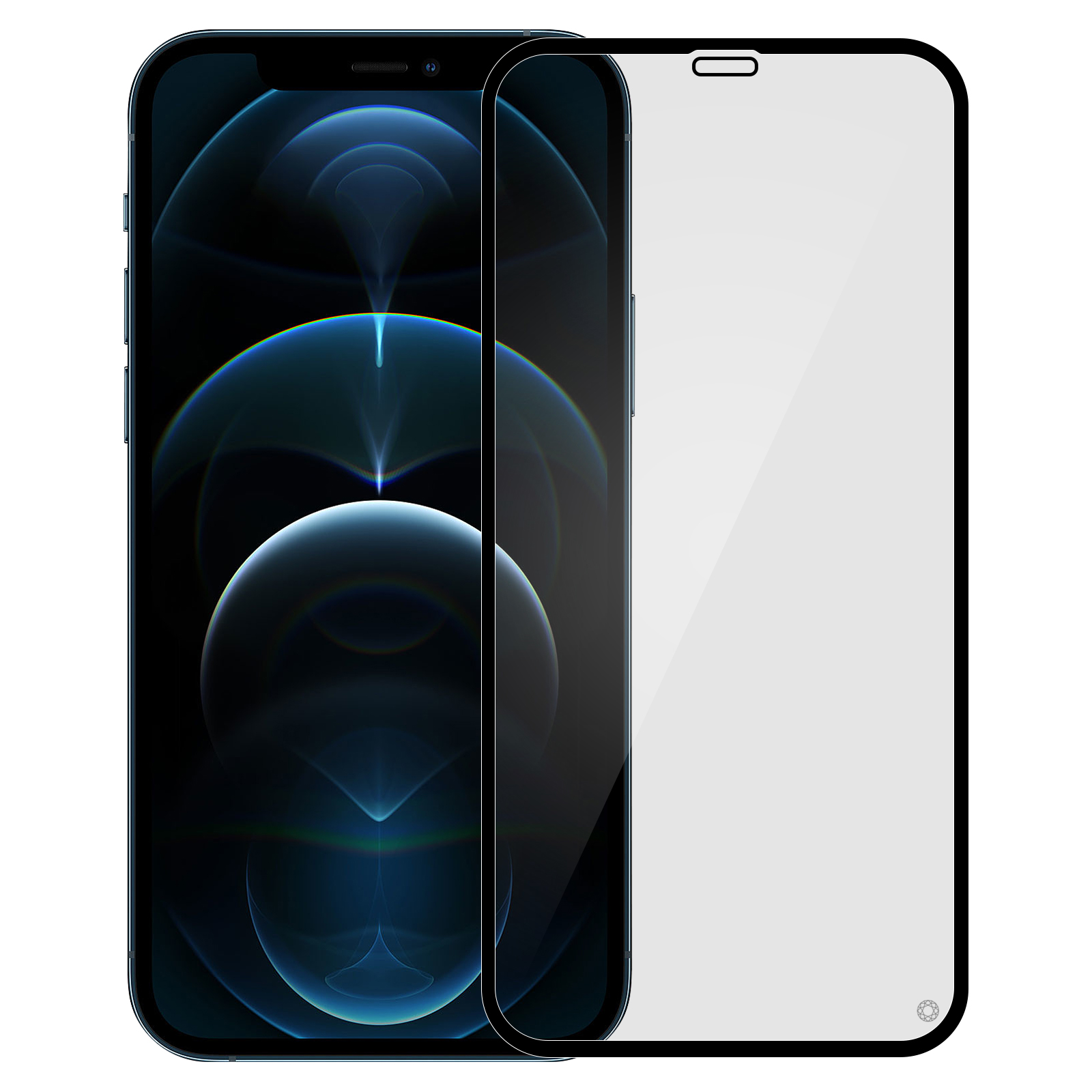 Een smartphone met een schermbeschermer erop. De telefoon is zwart, met een donkerblauwe achtergrond. De beschermer is helder.
