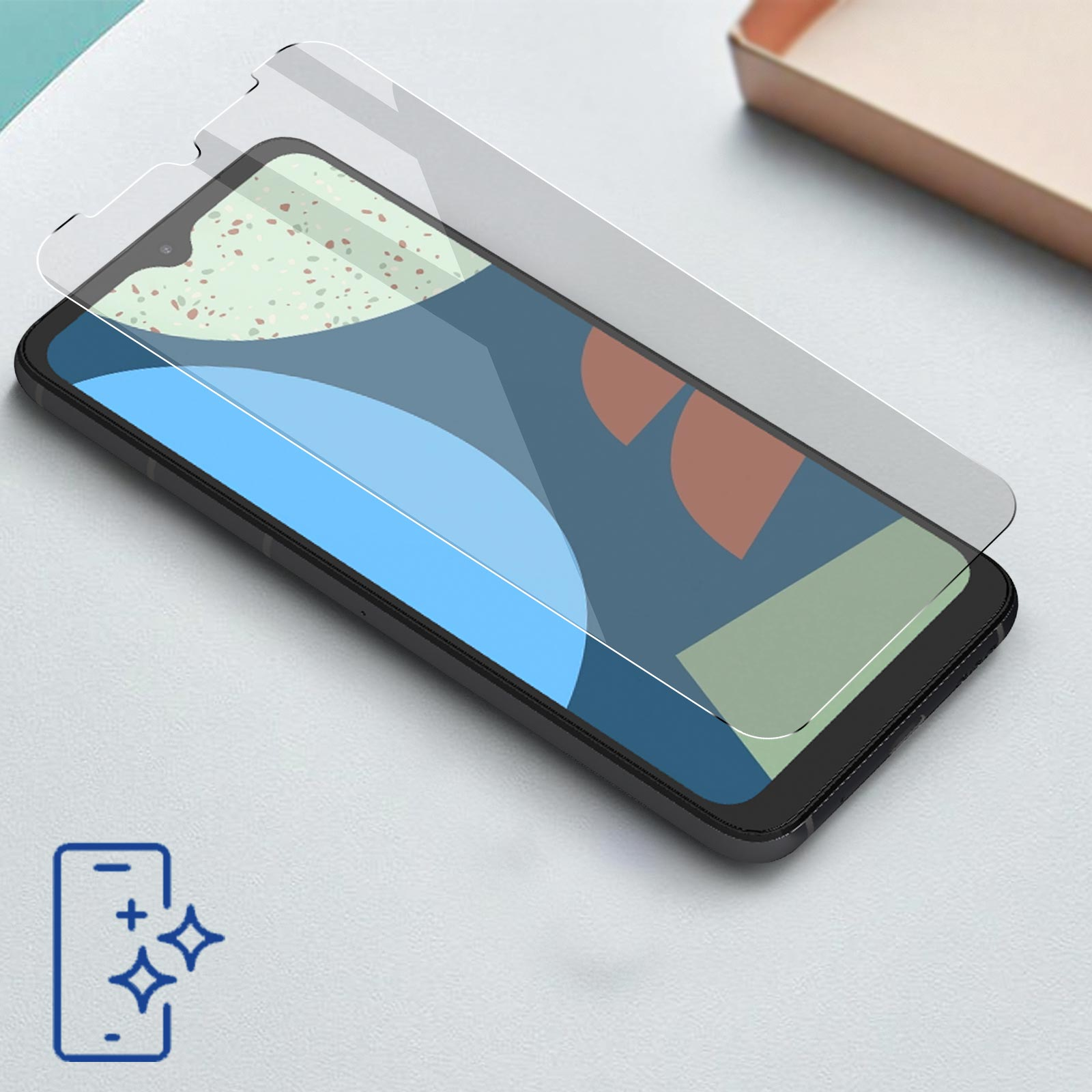 Telefon z nałożonym ochraniaczem ekranu. Ekran pokazuje kolorowy abstrakcyjny wzór i ikony.