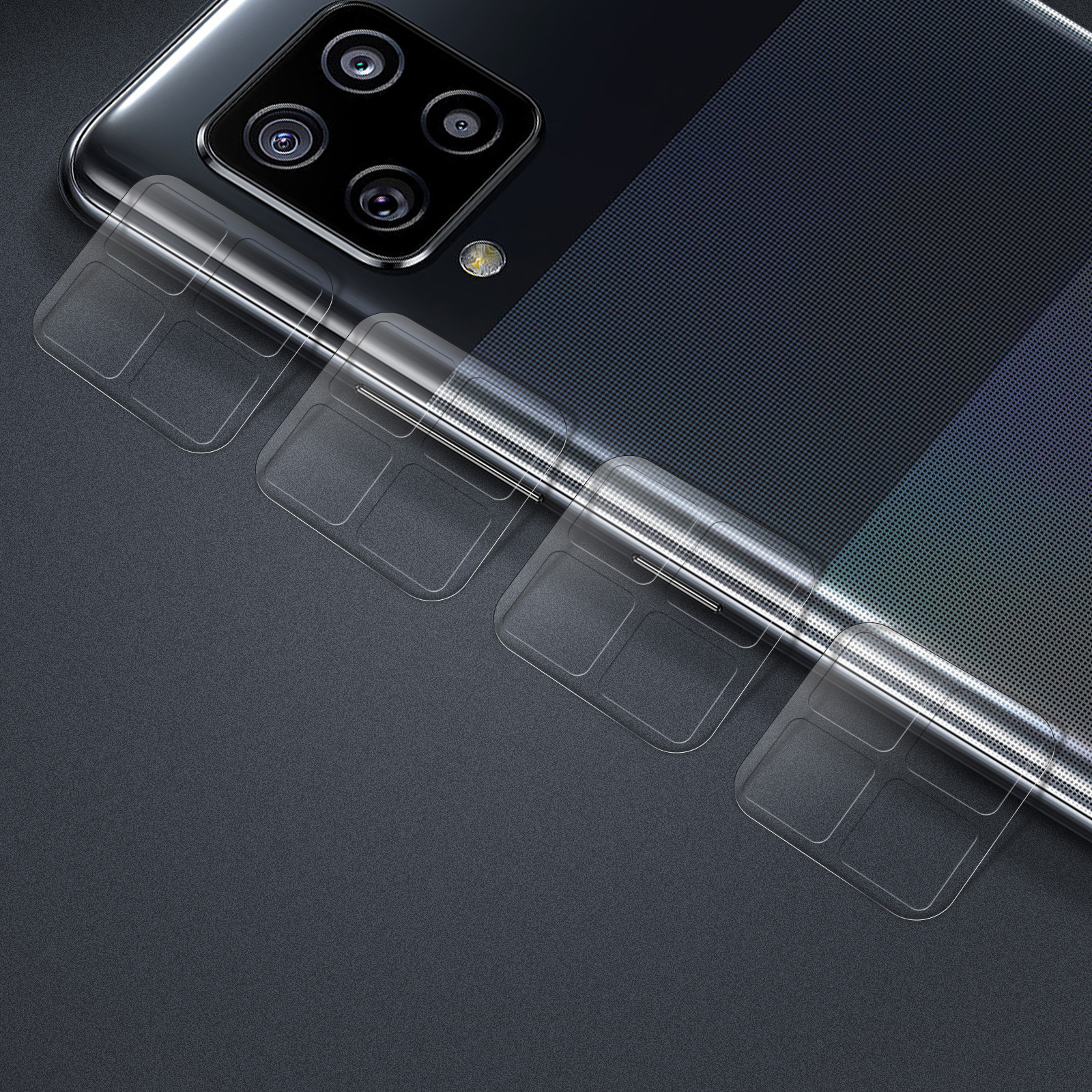 Uno smartphone con protezioni per la fotocamera. Il telefono è nero, con una serie di fotocamere. Protezioni trasparenti sui obiettivi.