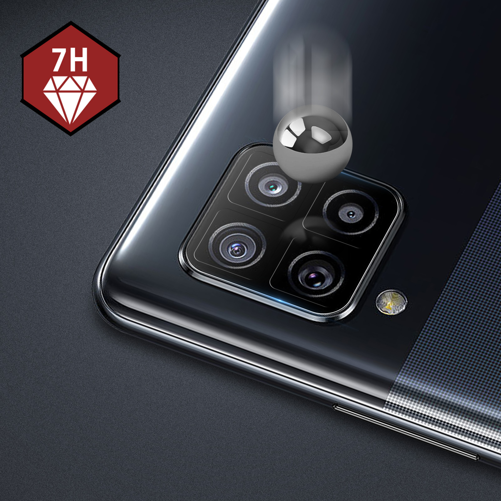 Il modulo fotocamera di uno smartphone è mostrato con una sfera di metallo che cade. Un logo diamante 7H rosso è in alto a sinistra.