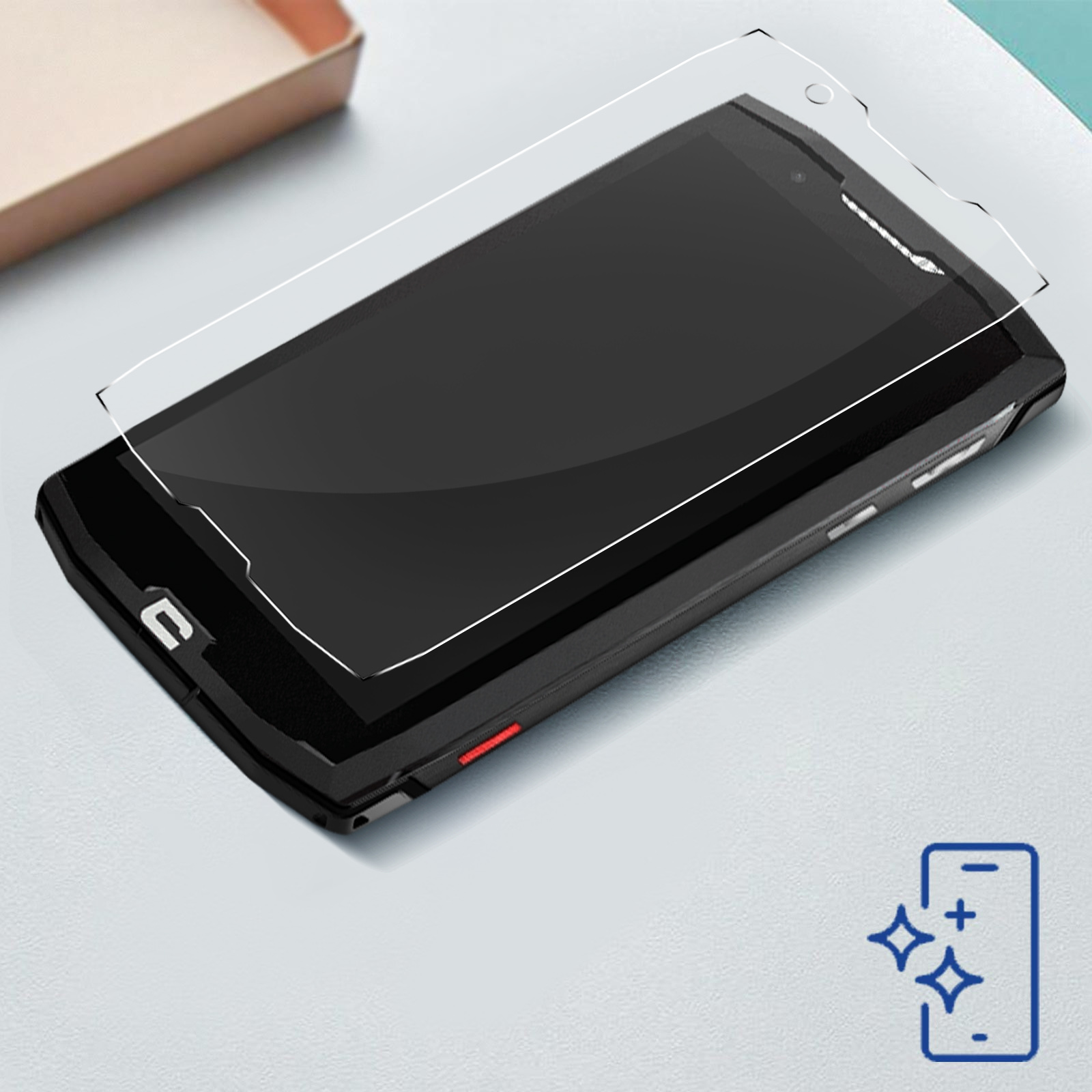 Telefon z ochraniaczem ekranu i ikoną telefonu z iskrami. Tło jest jasnoniebieskie.