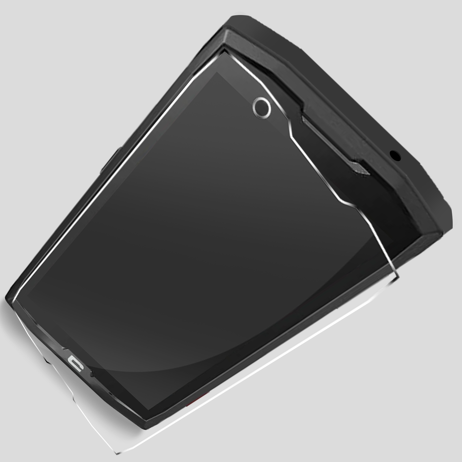 Telefon z ochraniaczem ekranu. Telefon jest czarny, a ochraniacz ekranu przezroczysty.