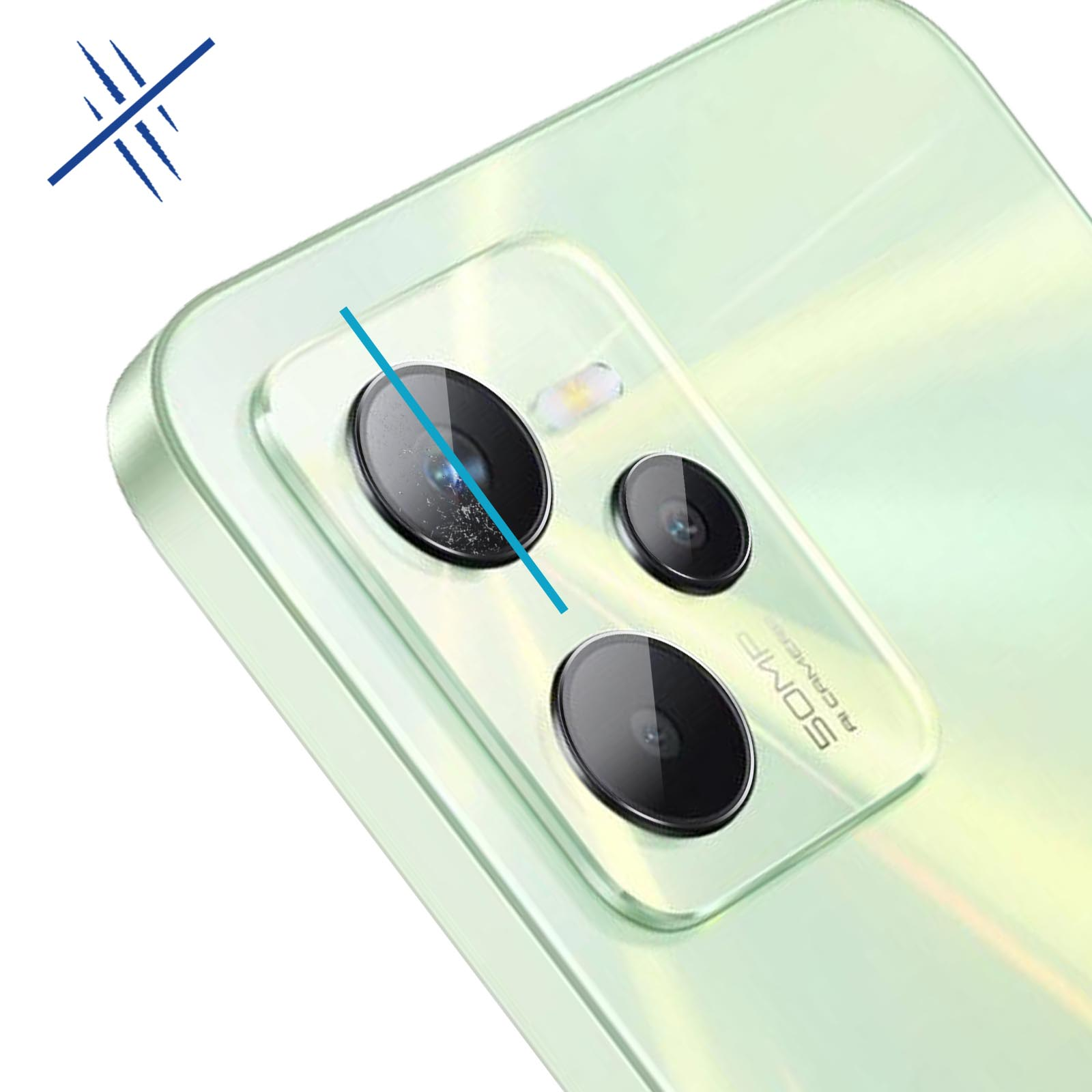 Primo piano del gruppo fotocamere di uno smartphone. Tre lenti nere in un modulo verde chiaro.