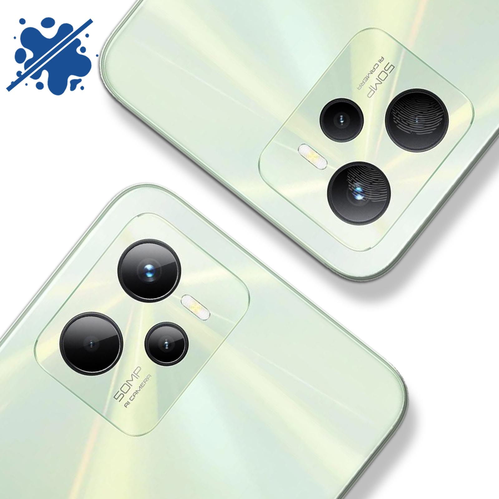 Due retro di smartphone verdi con obiettivi della fotocamera. Una macchia blu con una linea in alto a sinistra.
