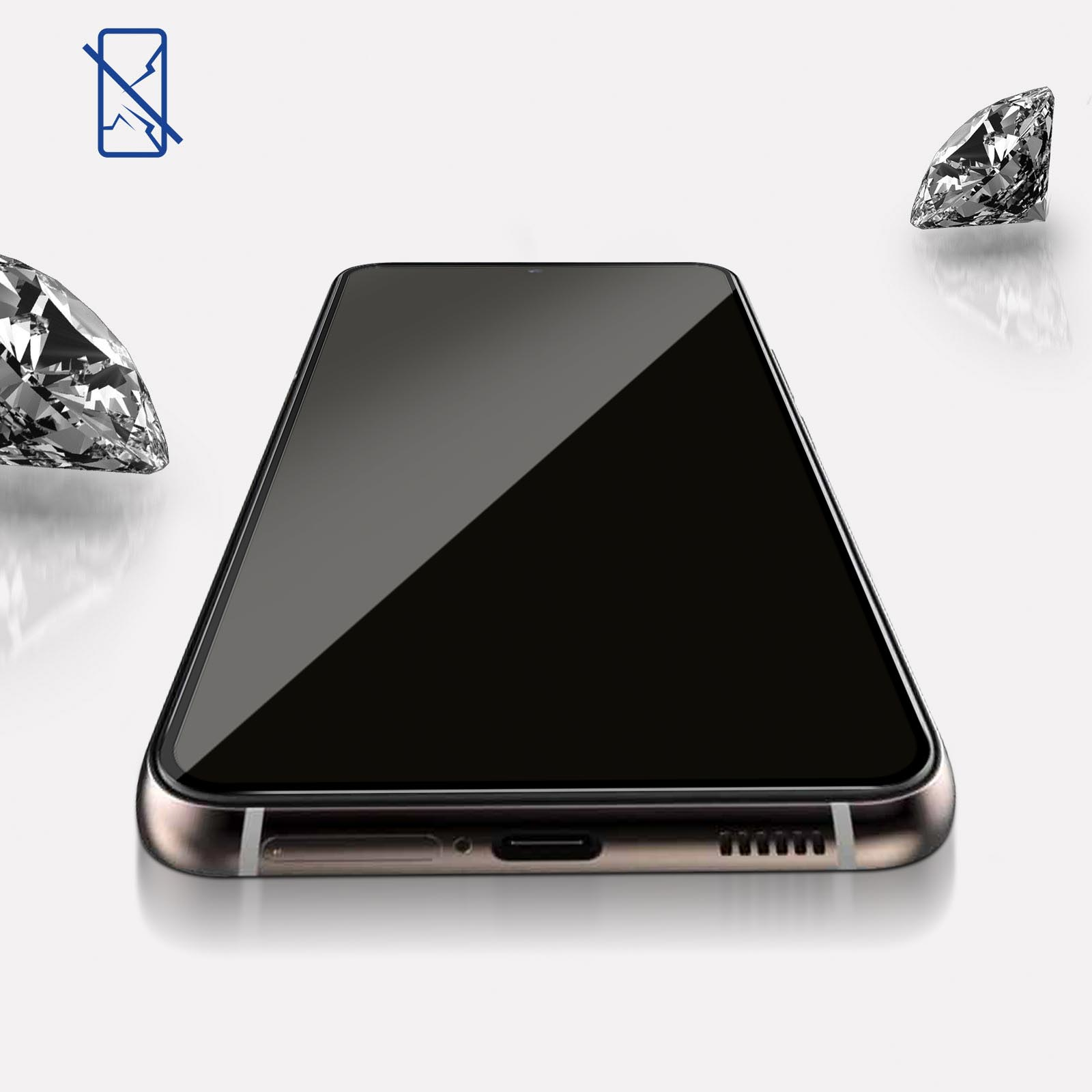 Telefon z ochroną ekranu. Są dwa diamenty i ikona. Telefon ma złotą ramkę.