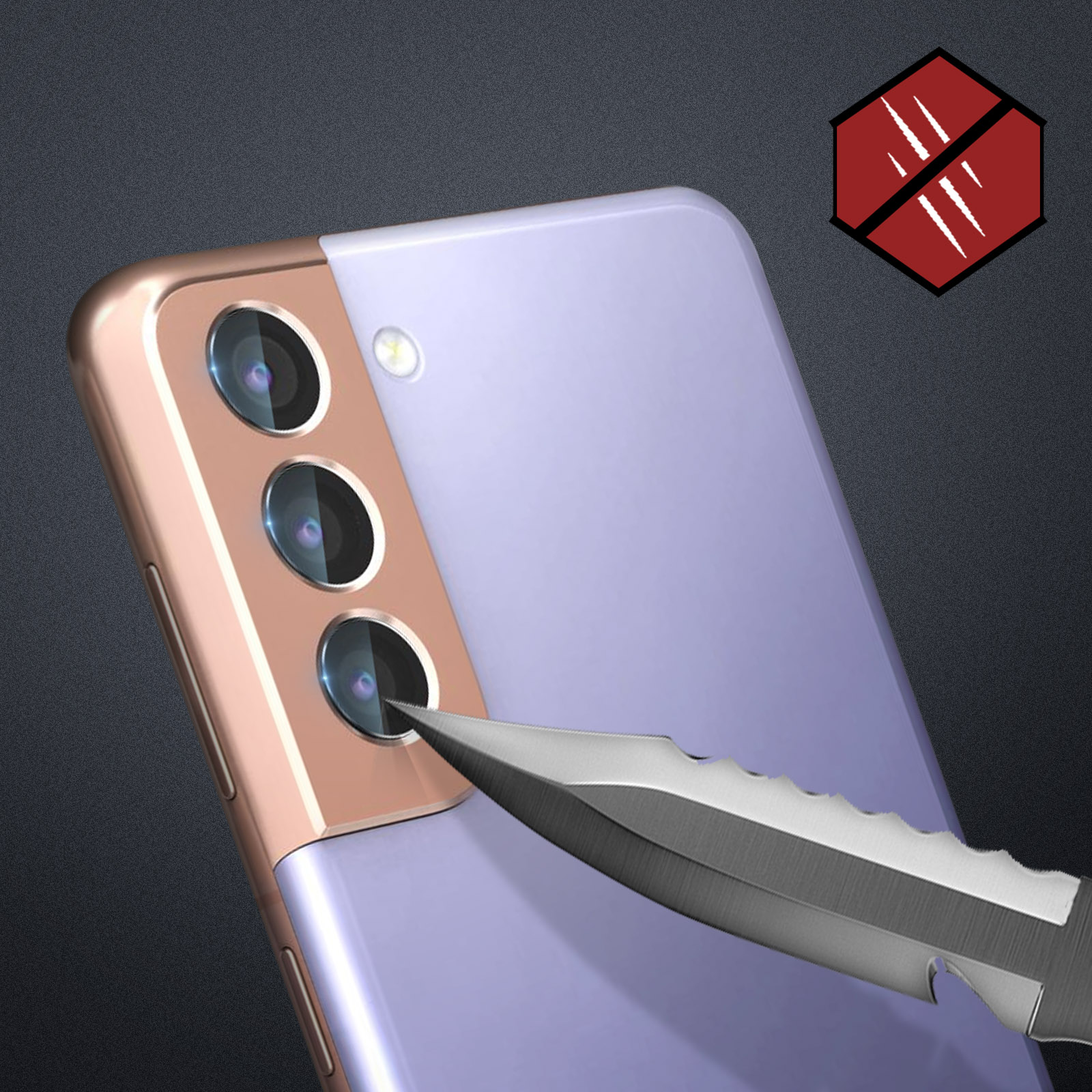 Telefon z osłonami obiektywu i nożem. Nóż tnie w kierunku obiektywów i ikona zadrapania.