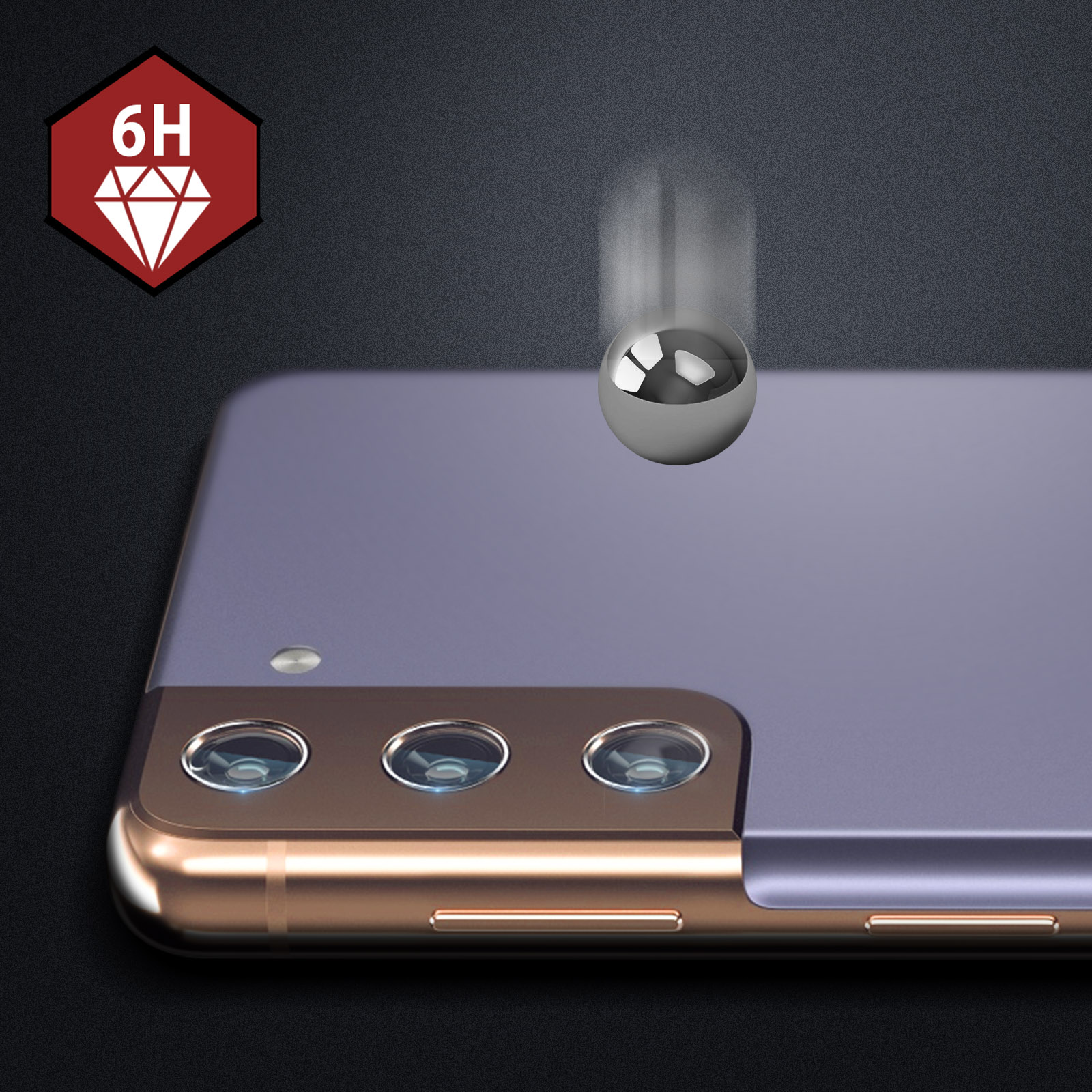 Telefon z ochraniaczami obiektywu. Metalowa kulka spada w kierunku telefonu. Ikona diamentu 6H.