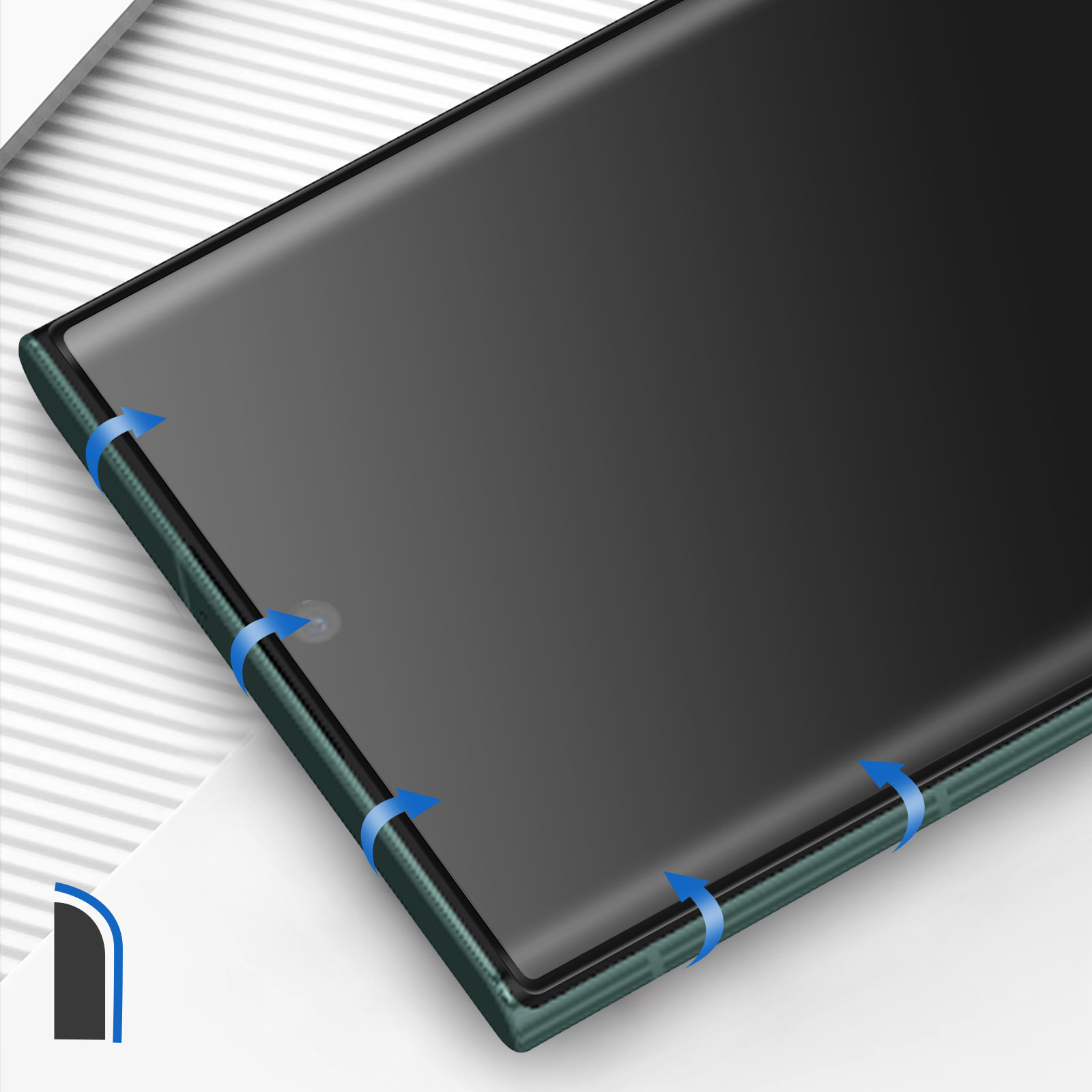 Vetro protettivo applicato sullo schermo del telefono. Frecce blu sull'angolo. Vetro trasparente.