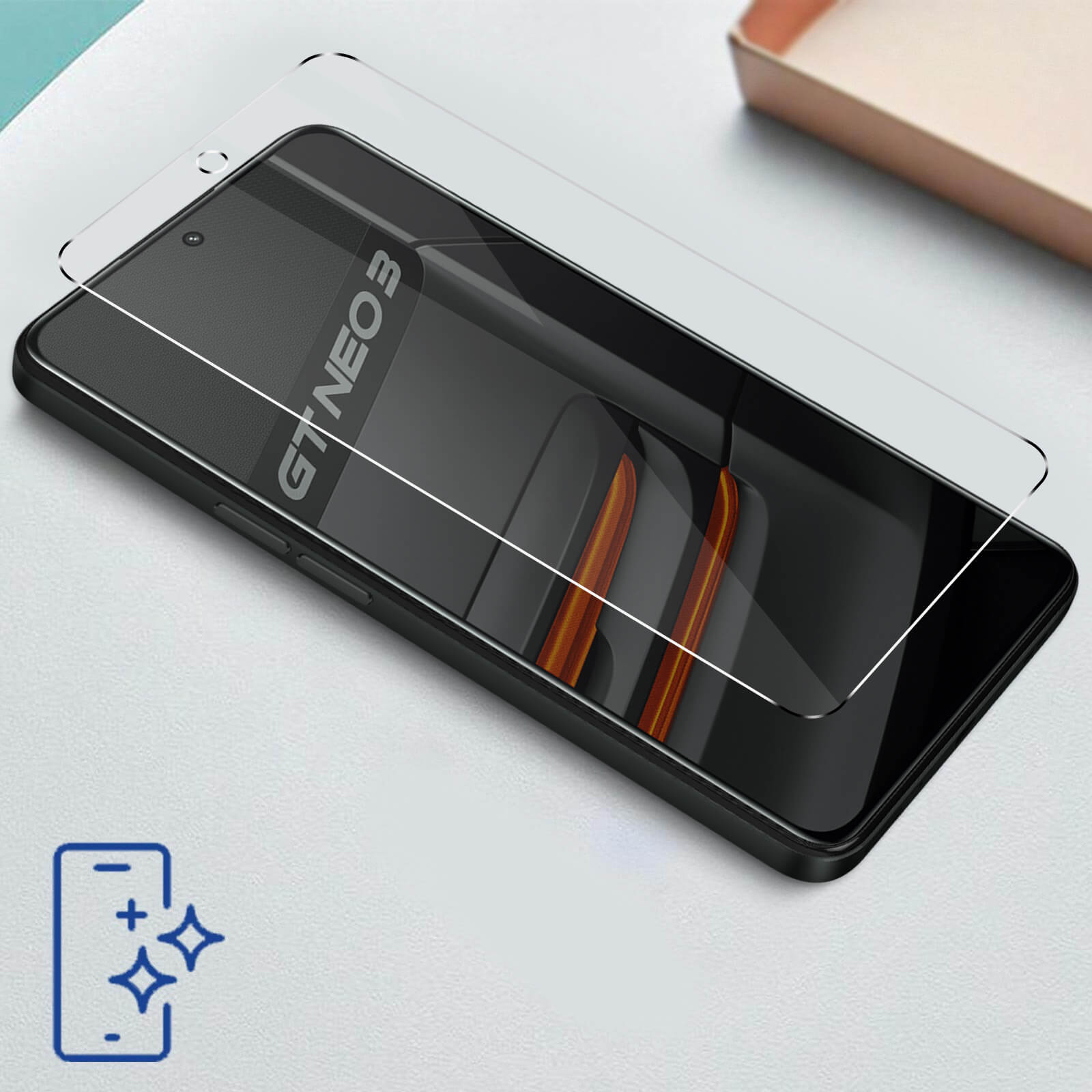 Telefon z ochraniaczem ekranu. Na ekranie telefonu napis GT NEO3. Obecna jest ikona ochrony telefonu.