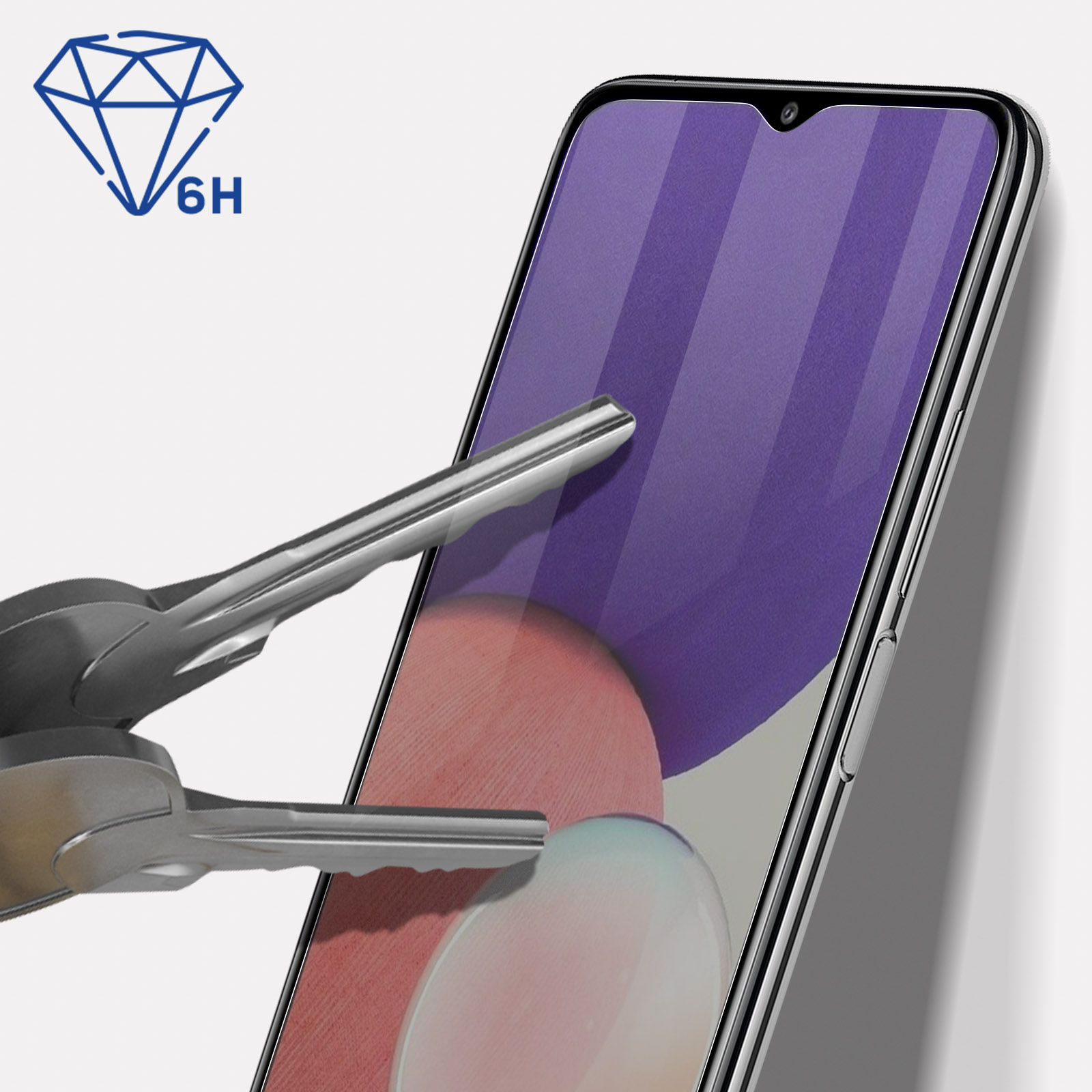 Un telefono con una protezione per lo schermo e chiavi. L'icona del diamante e il testo 6H sono mostrati a sinistra.