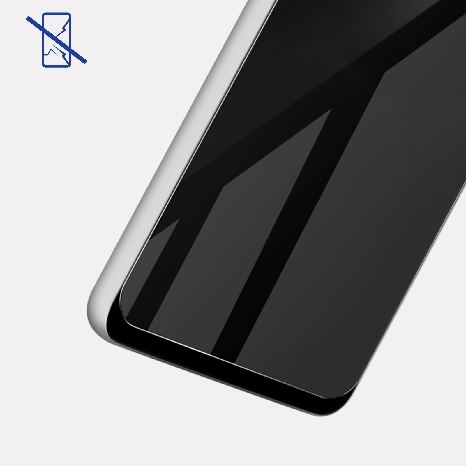 Primo piano dello schermo nero del telefono con protezione. Grafica nell'angolo.