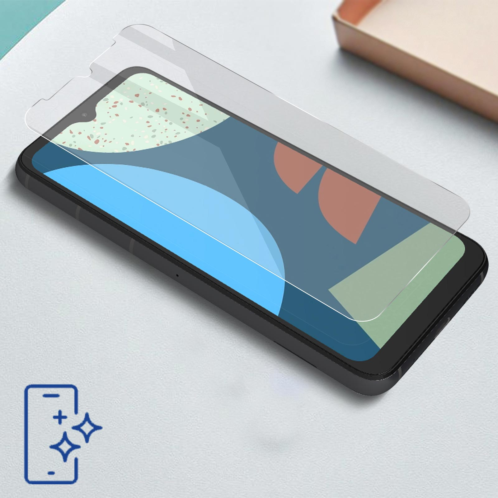 Telefon z naklejoną osłoną ekranu. Ekran pokazuje wzór. Ikona w rogu.