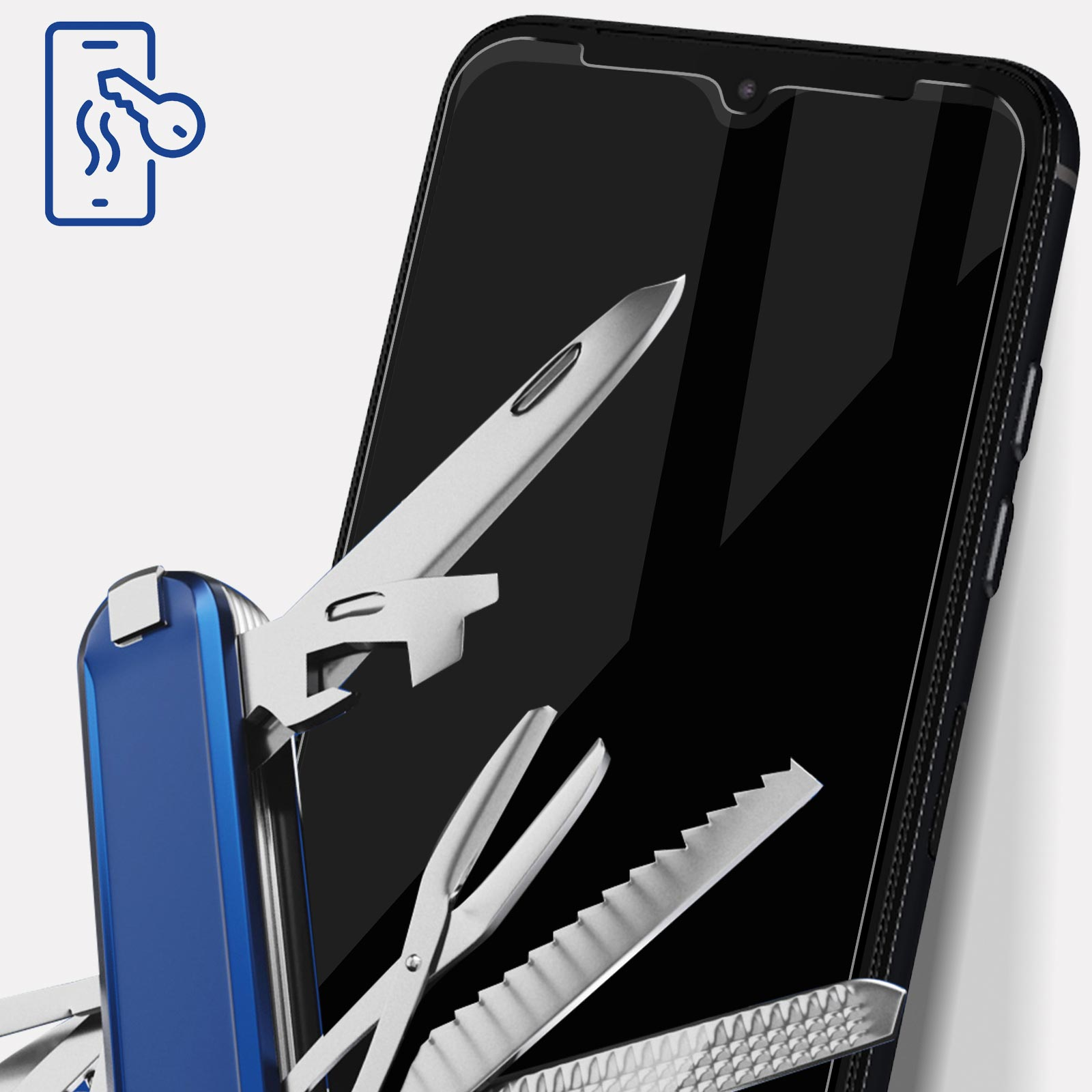 Telefon z ochraniaczem ekranu. Multi-tool przed ekranem telefonu.