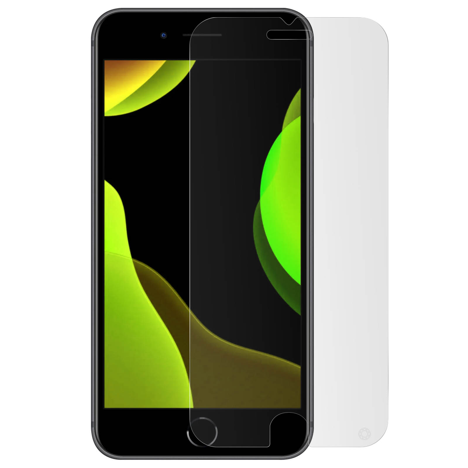 Un smartphone noir avec un protecteur d'écran appliqué. L'écran affiche des formes abstraites jaunes et vertes. Fond blanc.