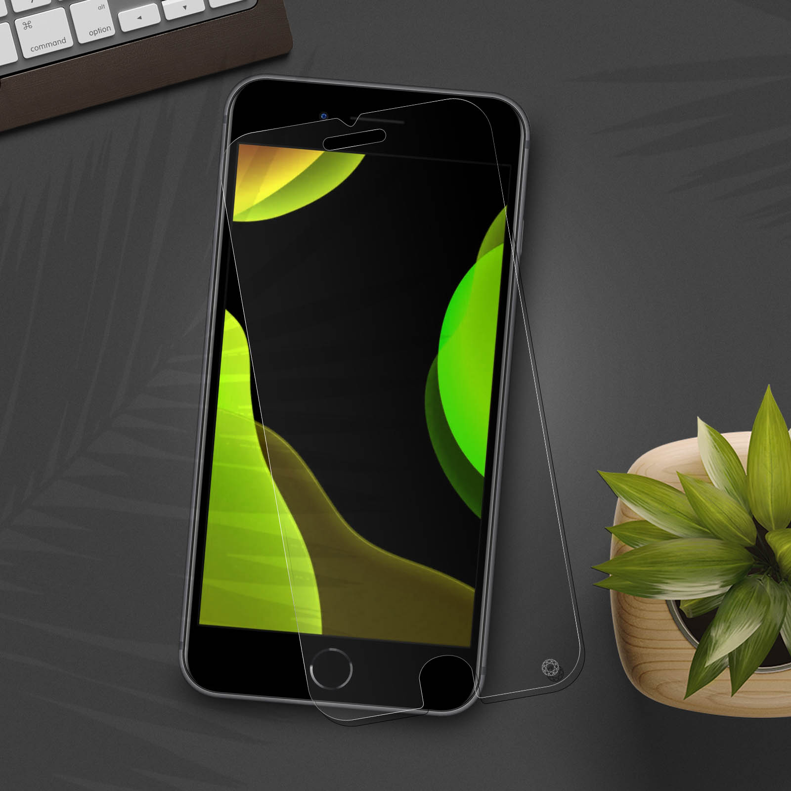 Un smartphone avec un protecteur d'écran est sur une table. Une petite plante est à côté. Le fond est sombre.