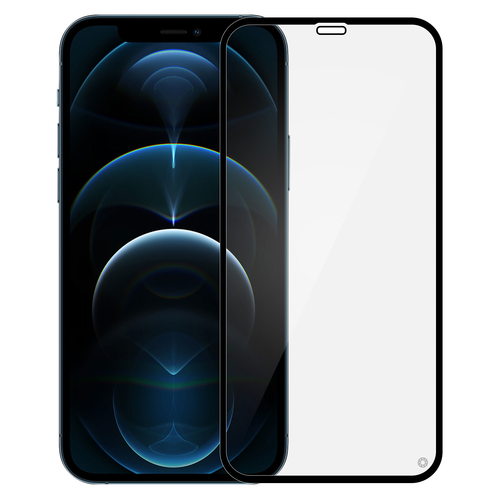 Un smartphone bleu avec un protecteur d'écran. L'écran affiche un fond d'écran sombre et abstrait. Le protecteur a un bord noir.