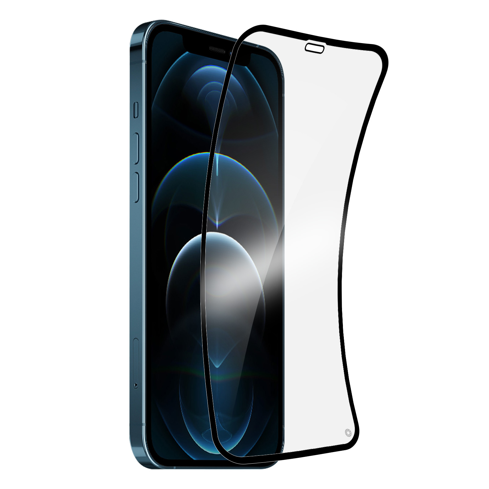 Un smartphone avec un protecteur d'écran. Le téléphone est bleu. Le protecteur a un bord noir et est légèrement incurvé.