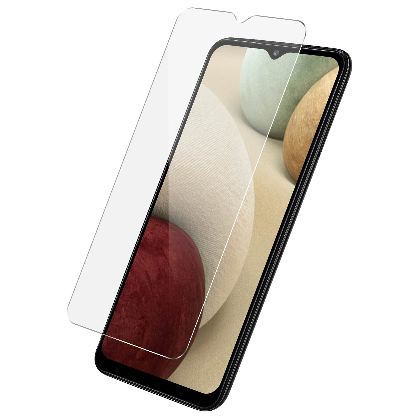 Telefon z ochraniaczem ekranu. Telefon ma czarną ramkę. W tle kolorowe kształty.