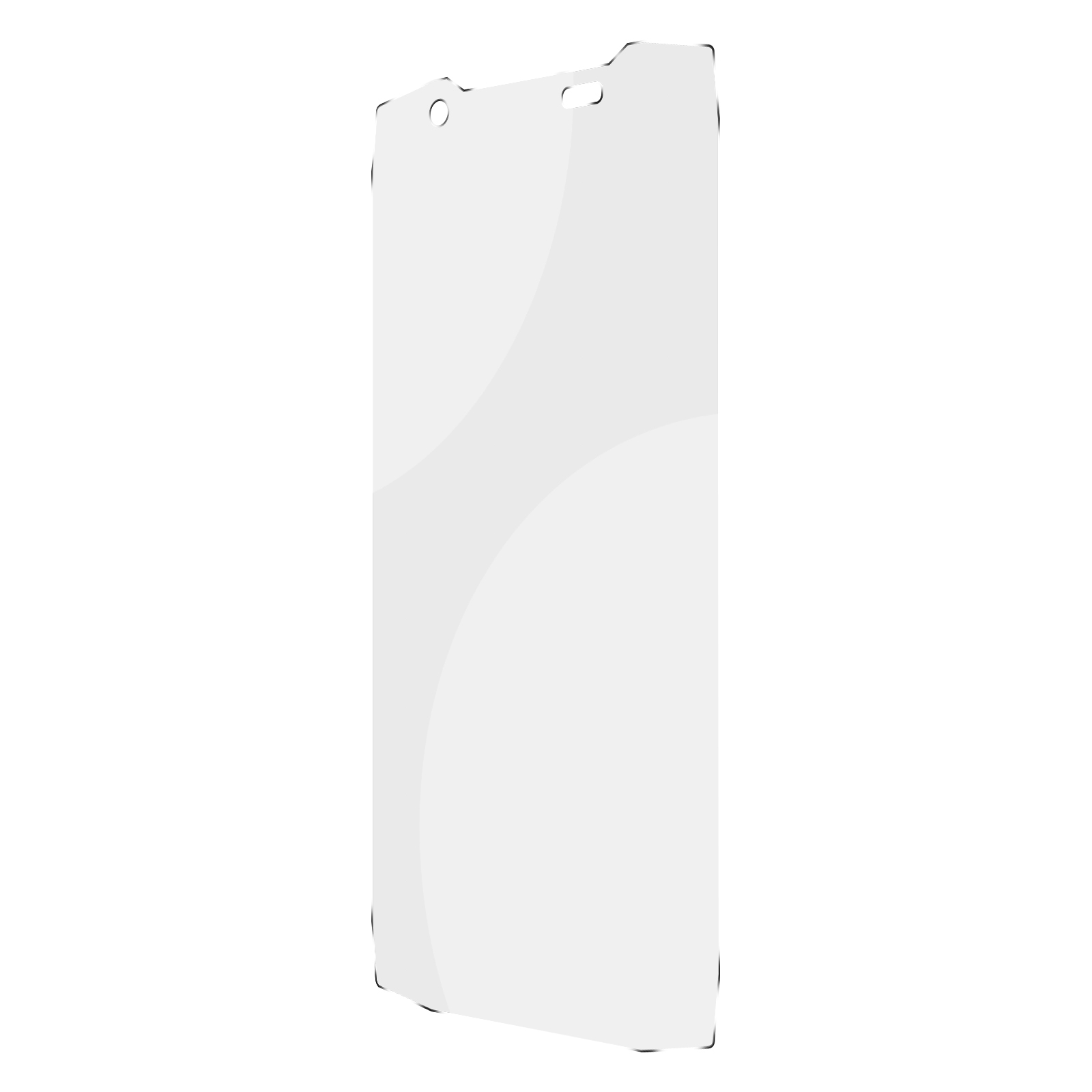 Un protecteur d'écran transparent pour un téléphone, avec des découpes pour la caméra et le haut-parleur.
