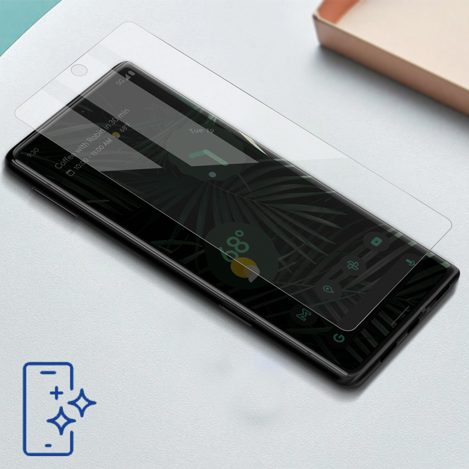 Telefon z nałożoną folią ochronną na ekran. Ekran wyświetla kalendarz i godzinę. Ikona czyszczenia znajduje się w rogu.