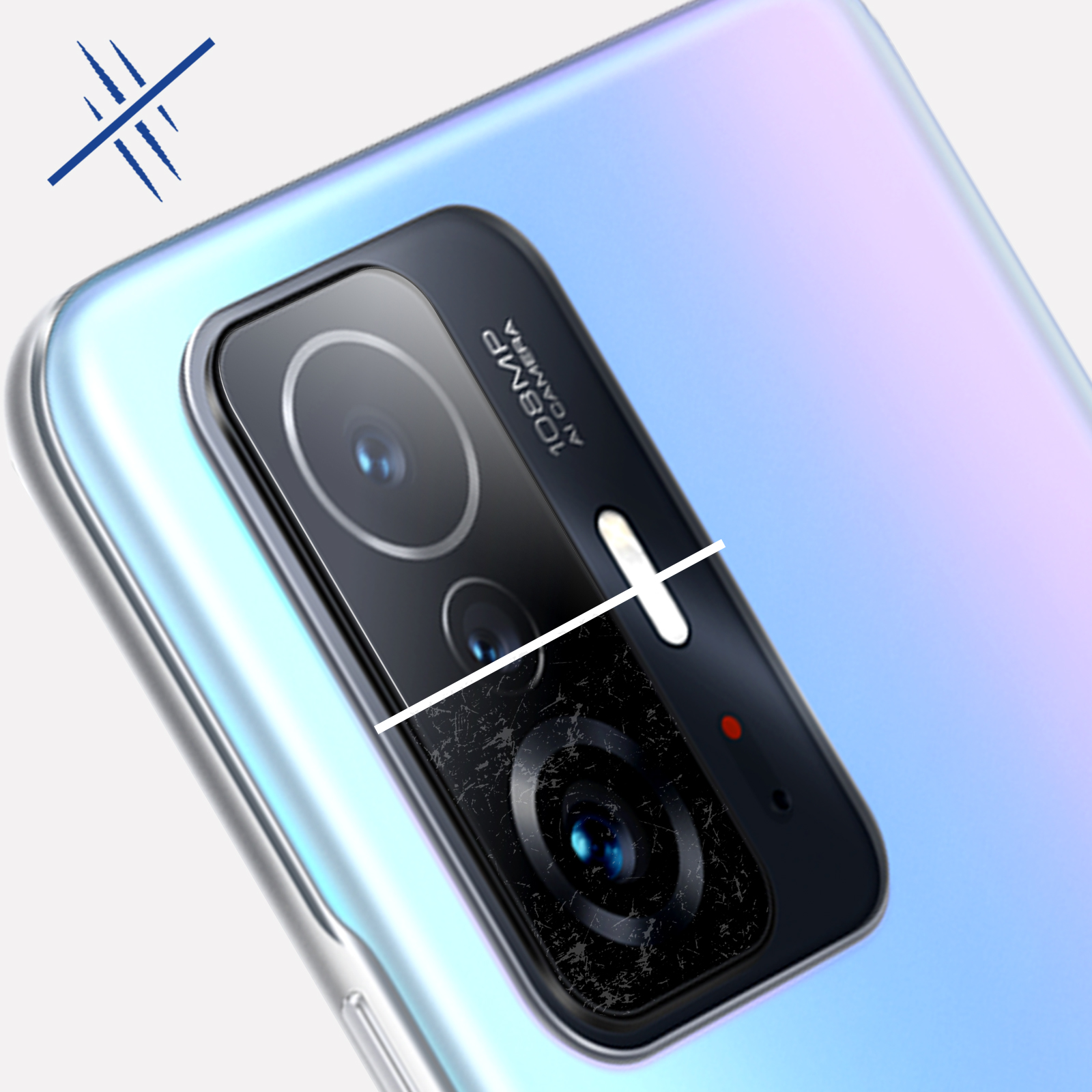 Aparat w telefonie z pękniętym obiektywem. Obecna jest linia i ikona uszkodzenia.