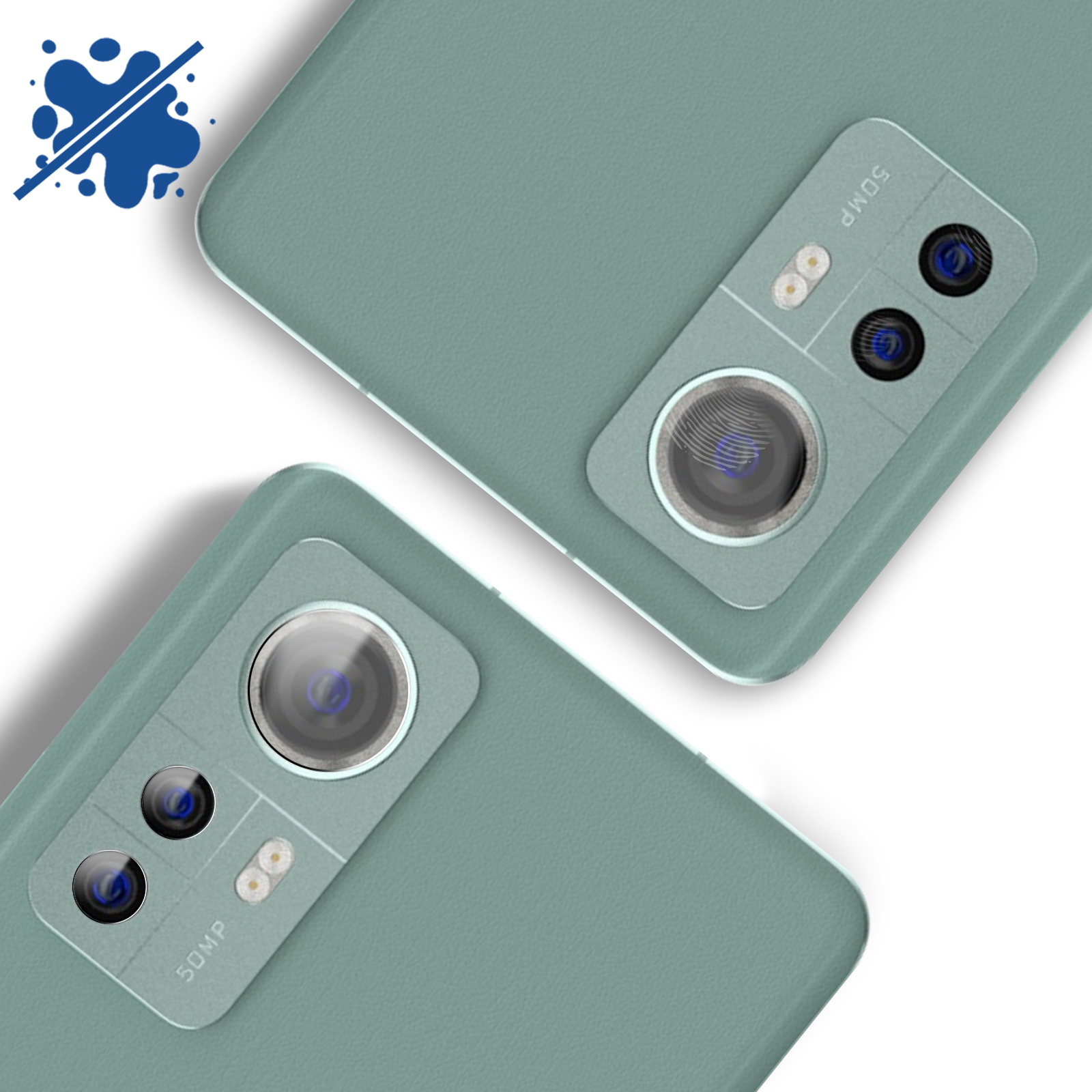 Due cellulari verdi con obiettivi angolati, su sfondo bianco. Uno schizzo blu con una linea diagonale nell'angolo.