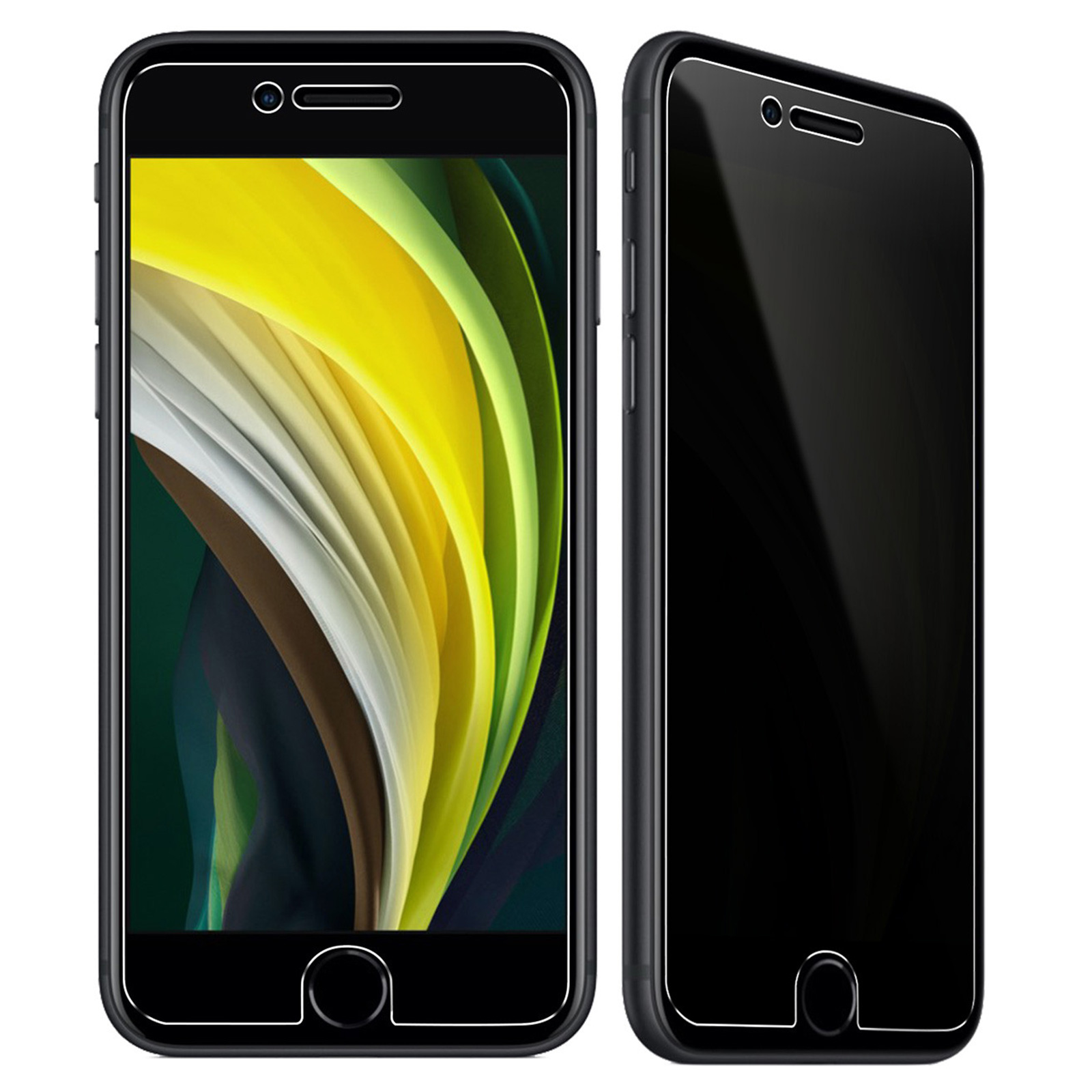 Two phones with screen protectors applied. White background.