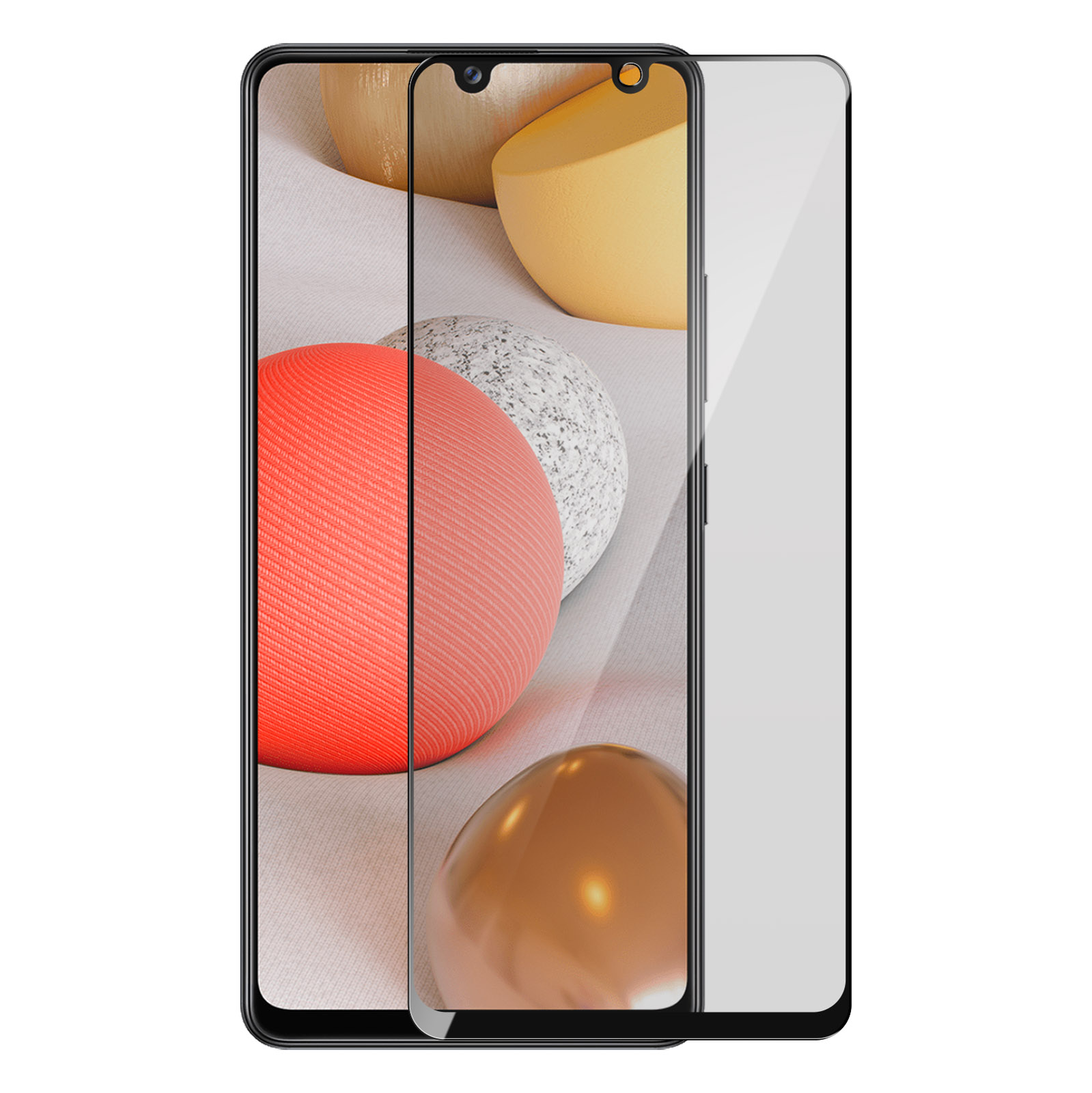 Un smartphone avec un protecteur d'écran. Formes abstraites rouges, grises et jaunes sont visibles derrière.