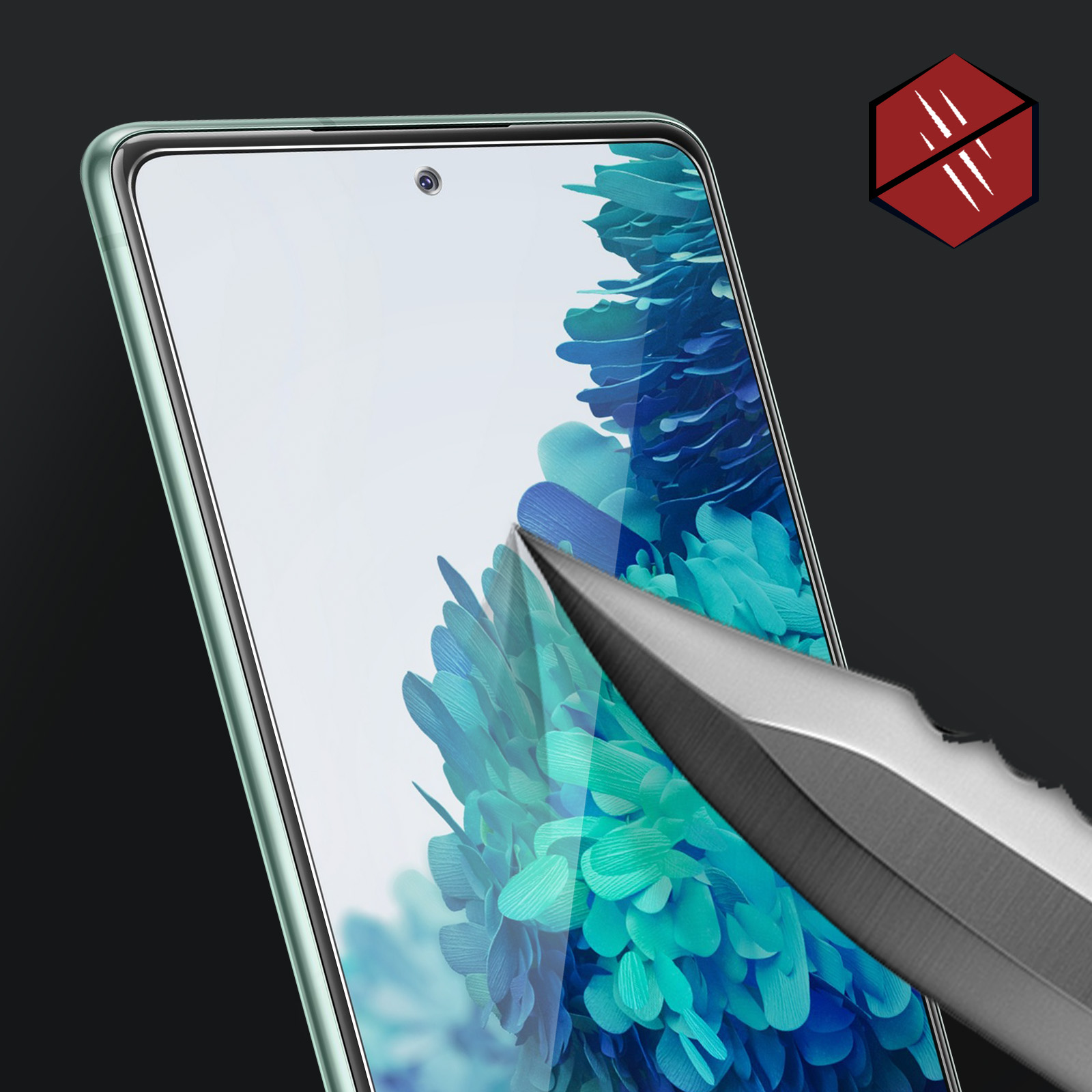 Ochrona ekranu testowana ostrym narzędziem. Ikona braku zarysowań pojawia się w rogu.