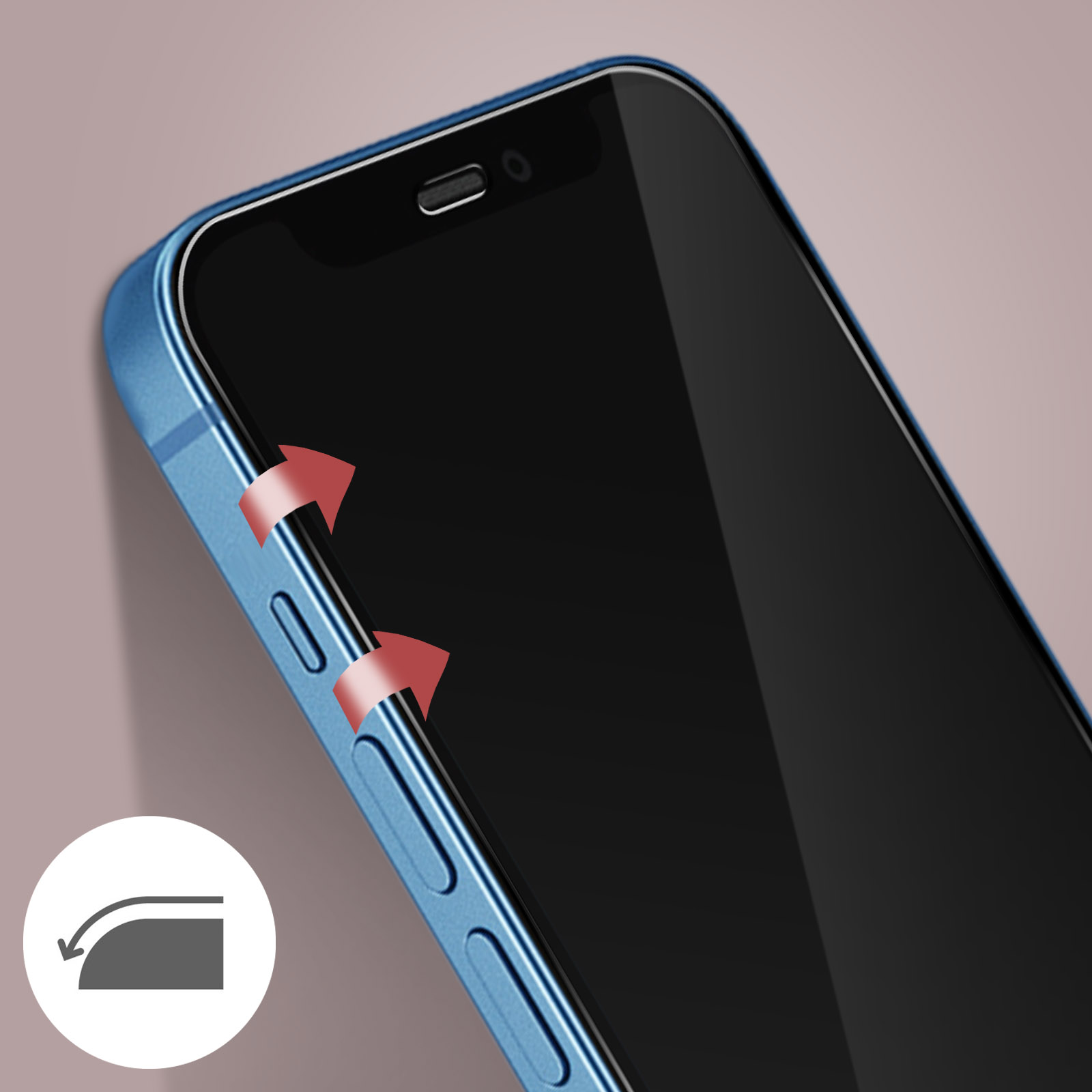 Una custodia per telefono blu con frecce rosse che indicano la posizione dei pulsanti.