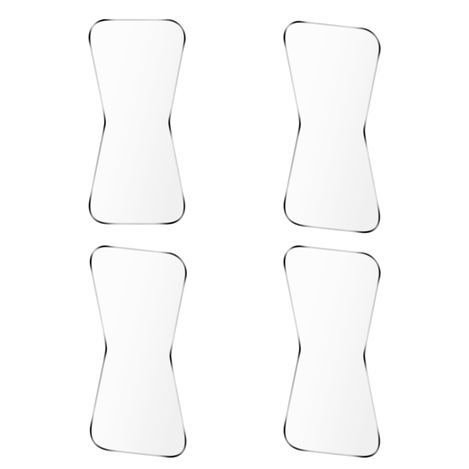 Quattro oggetti a forma di clessidra con contorni argentati e centri bianchi su sfondo bianco.